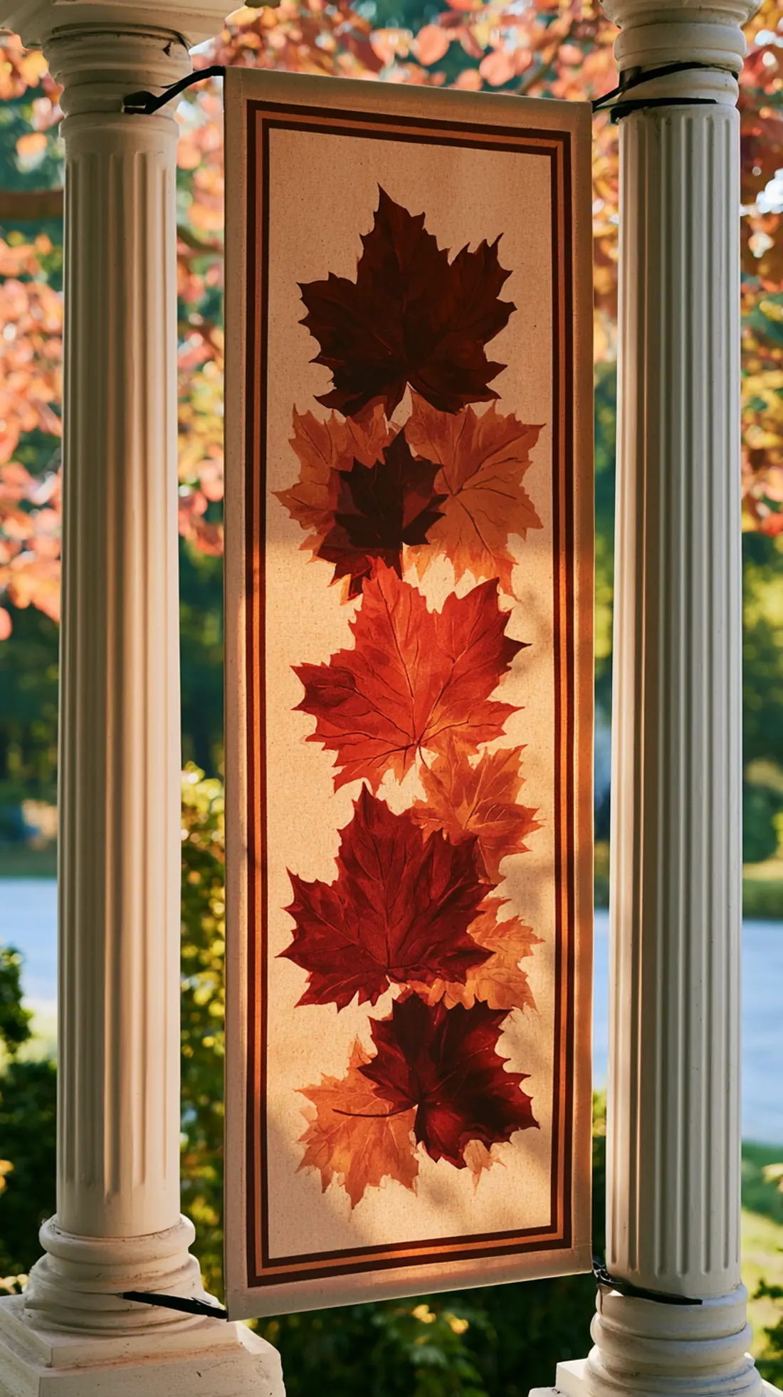 A canvas fall banner secured between two porch posts with zip ties, photo 1 of 4