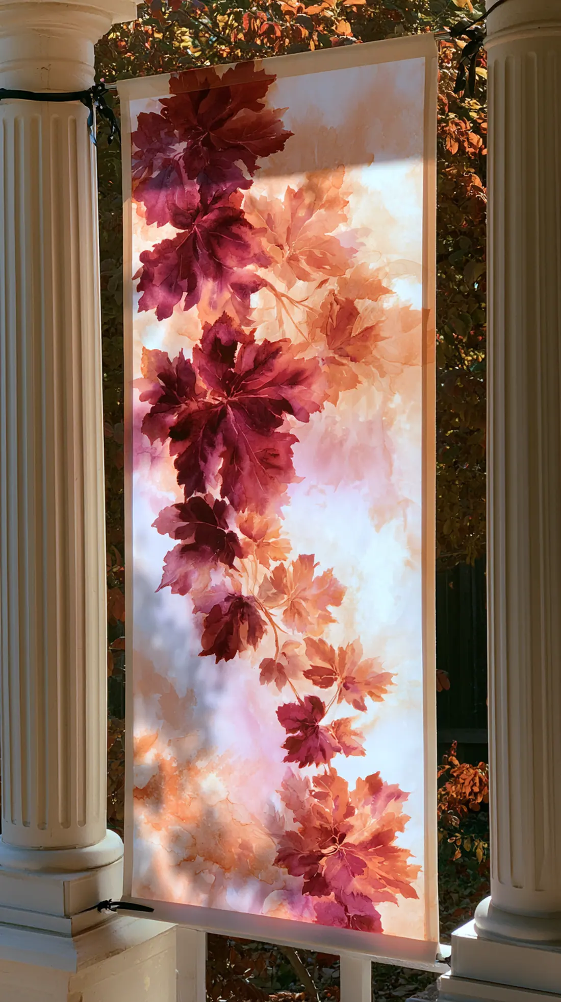 A canvas fall banner secured between two porch posts with zip ties, photo 4 of 4