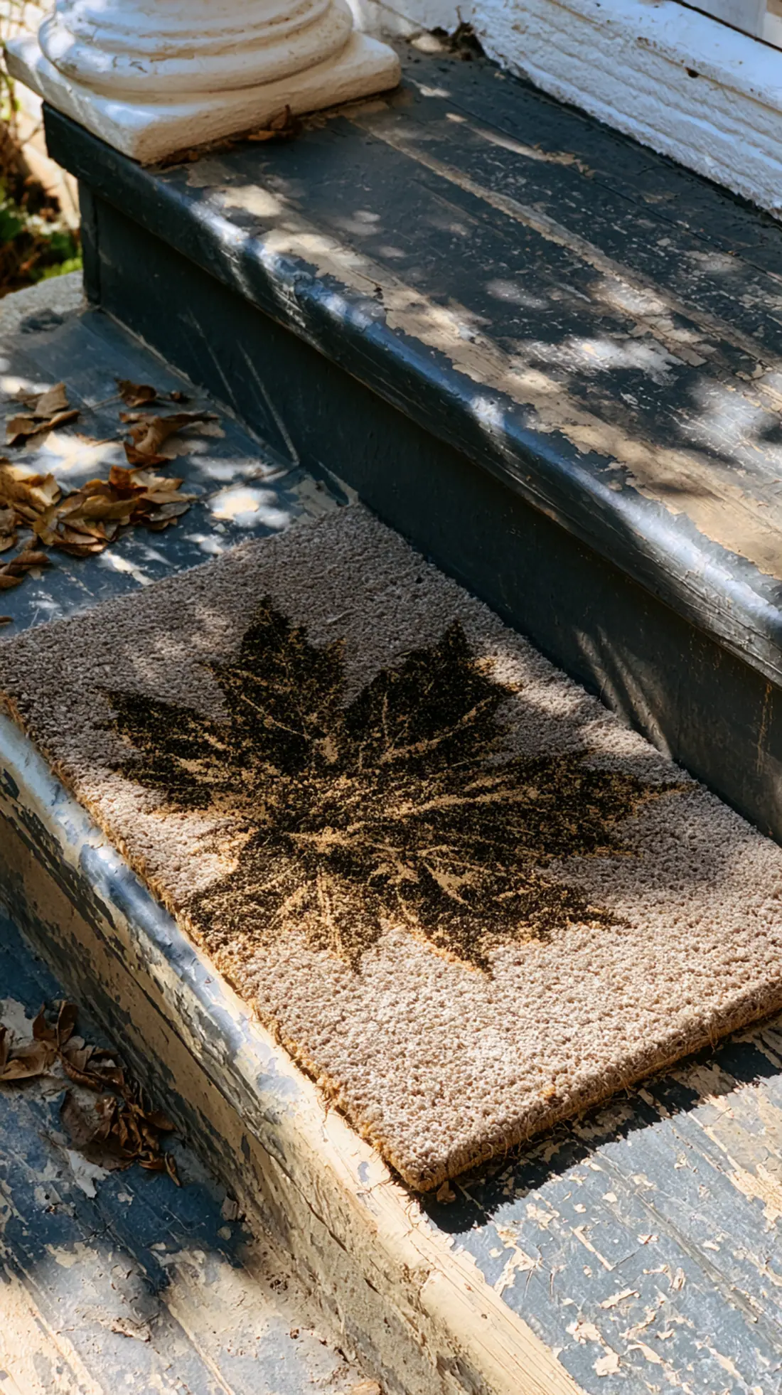A textured coir doormat with a fall leaf print at the base of front steps, photo 1 of 3