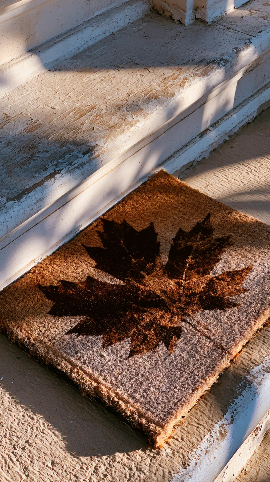 A textured coir doormat with a fall leaf print at the base of front steps, photo 2 of 3