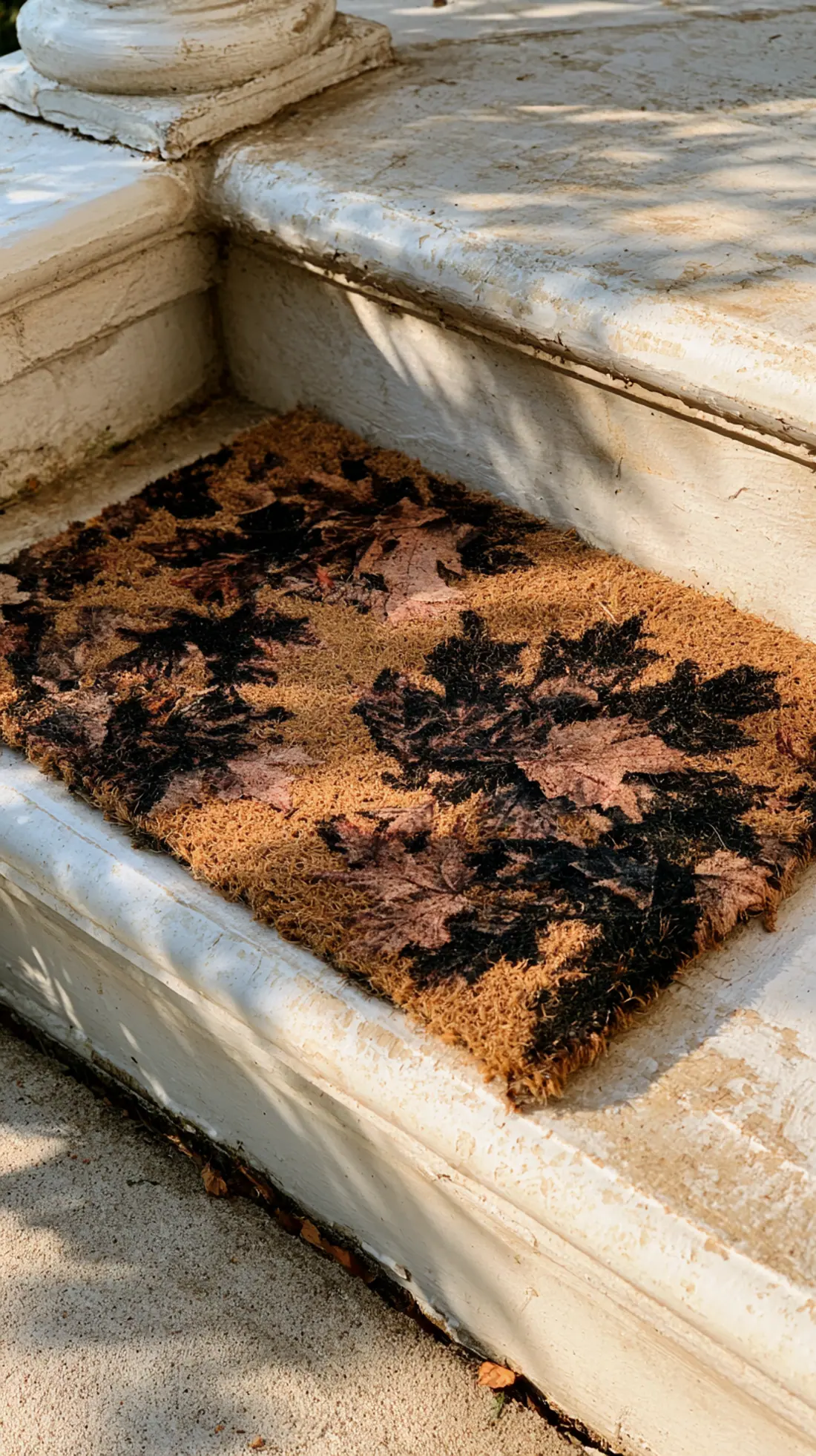 A textured coir doormat with a fall leaf print at the base of front steps, photo 3 of 3