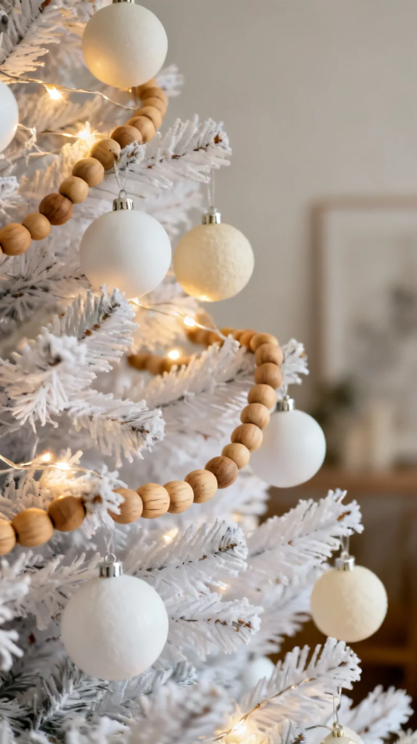 Close styling of a white Christmas tree with matte white baubles and wood bead garland