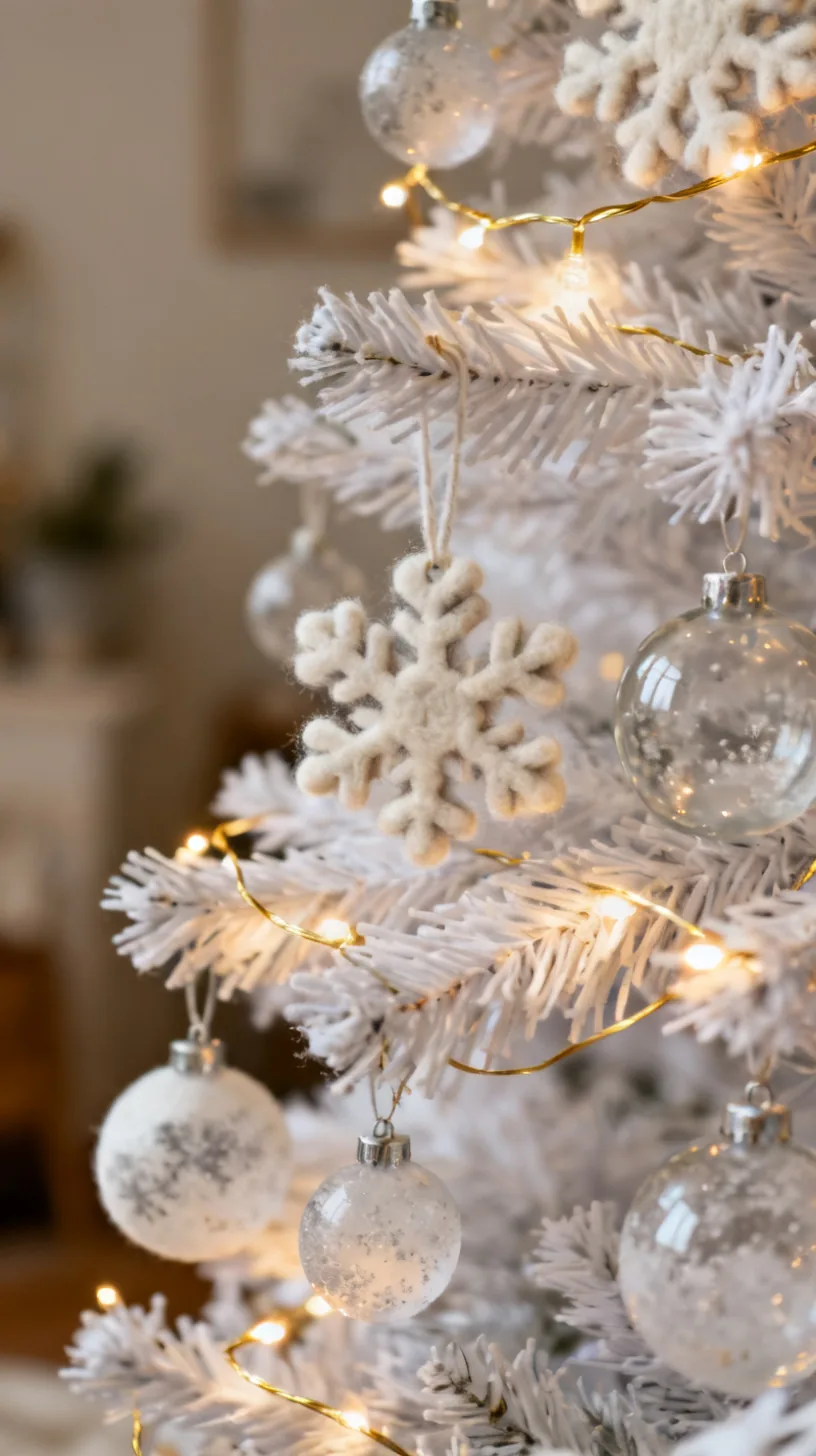 White Christmas tree branch detail with felted snowflakes and frosted glass ornaments