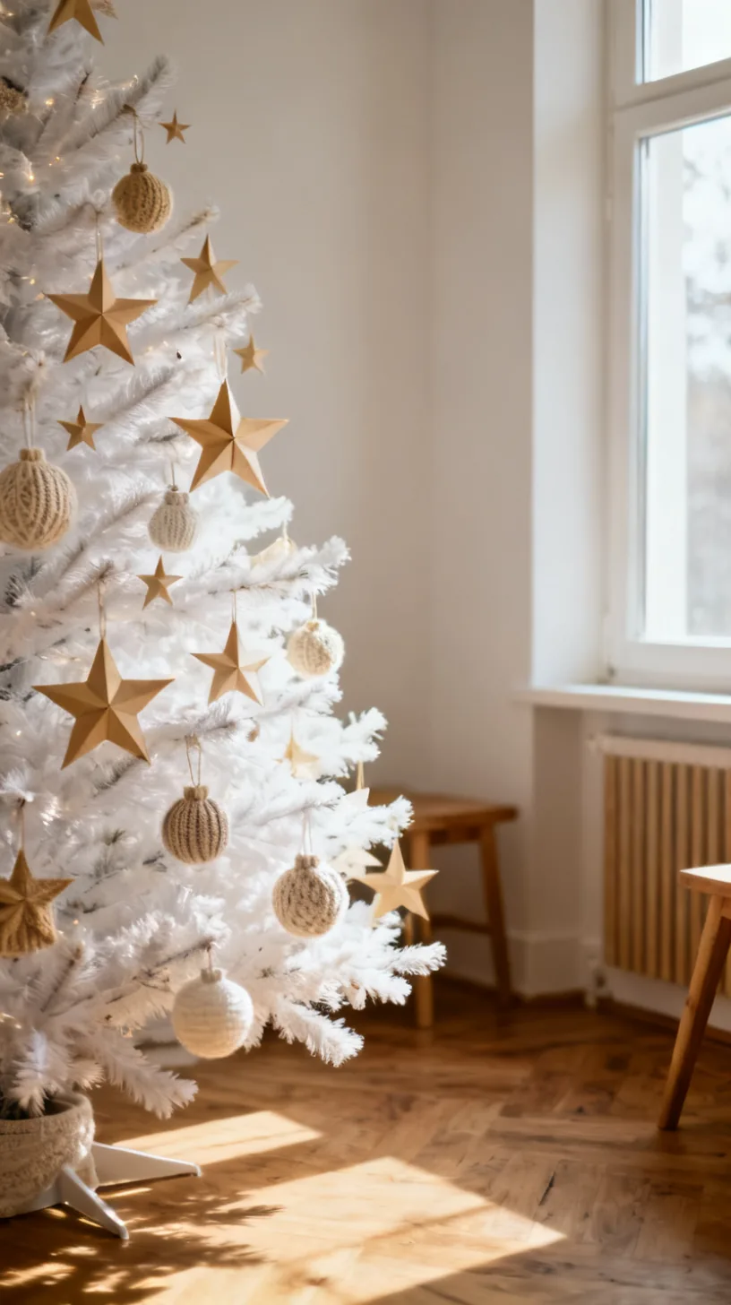 Minimalist white Christmas tree with paper stars and knit ornaments in a Nordic corner
