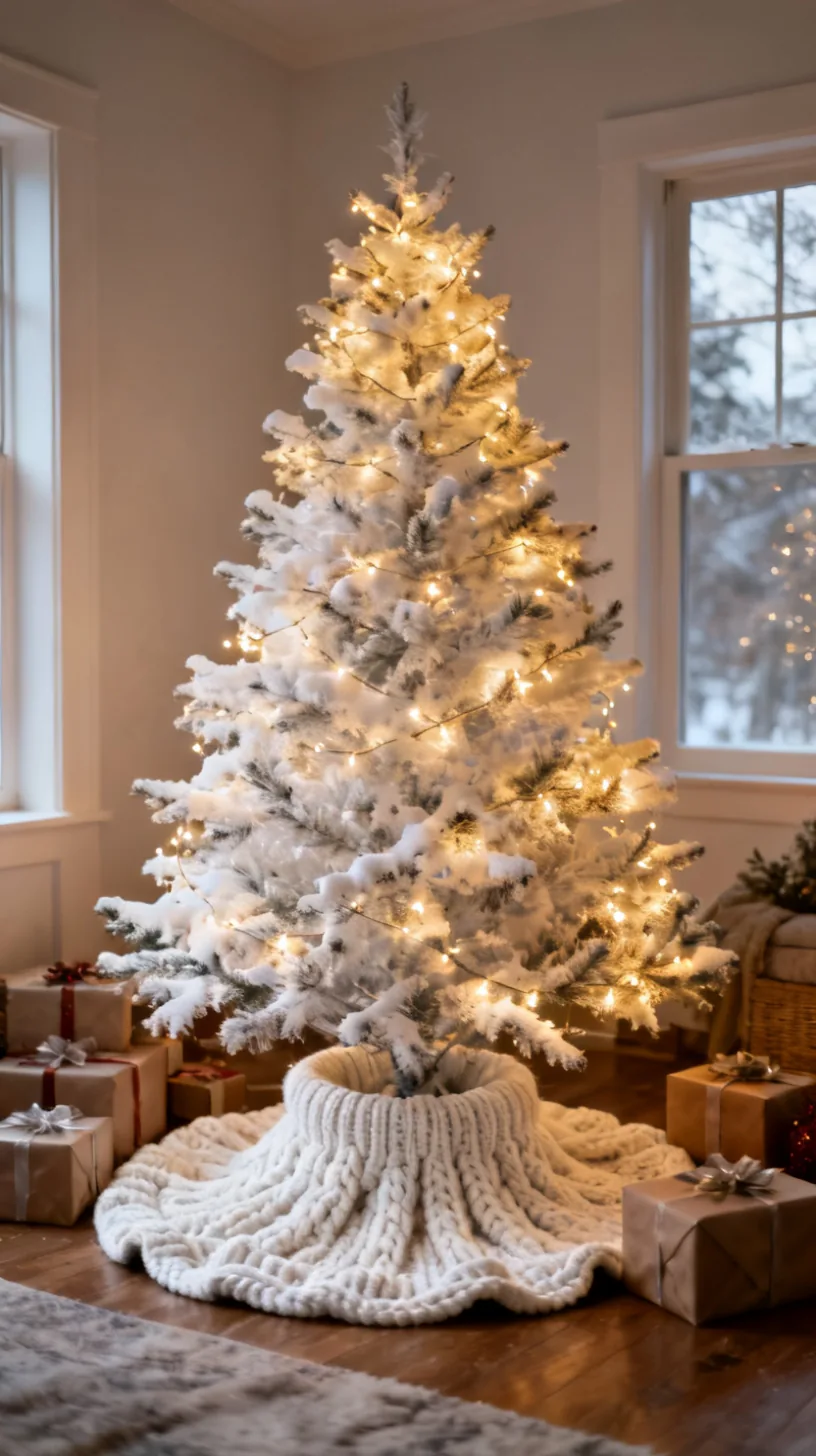 Chunky knit white tree skirt gathered under a snowy white Christmas tree with gifts