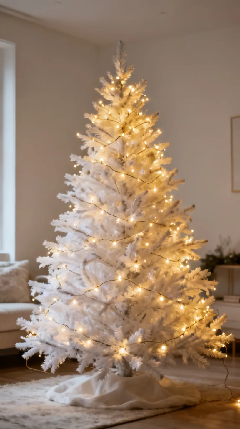 White Christmas tree glowing with dim warm-white microlights in an airy neutral room