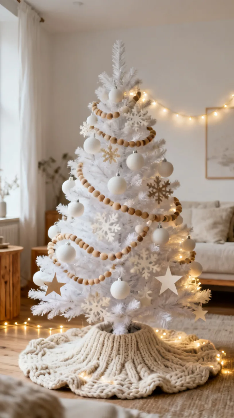 A white Christmas tree styled in calm Scandinavian minimalism with cream and oatmeal ornaments, wood bead garland and felted snowflakes in an airy Nordic living room