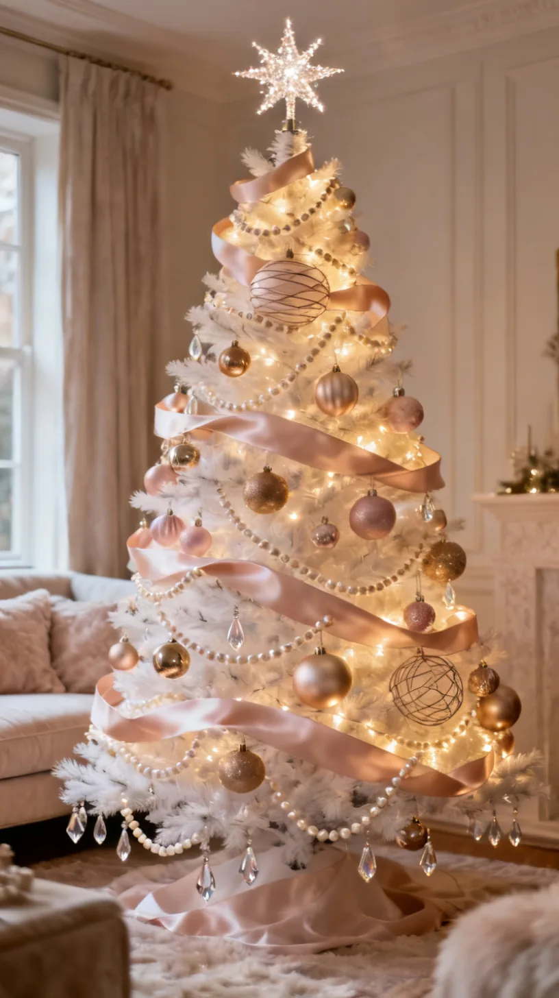 A white Christmas tree in champagne glam with metallic gold spheres, crystal drops, pearl garland and cascading satin ribbon in a luxe living room