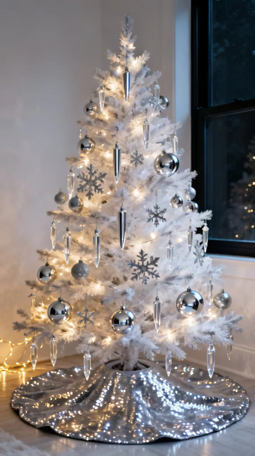 A white Christmas tree in an icy silver theme with glass icicles, mercury glass balls, mirrored snowflakes and a sequined silver skirt by a dark window