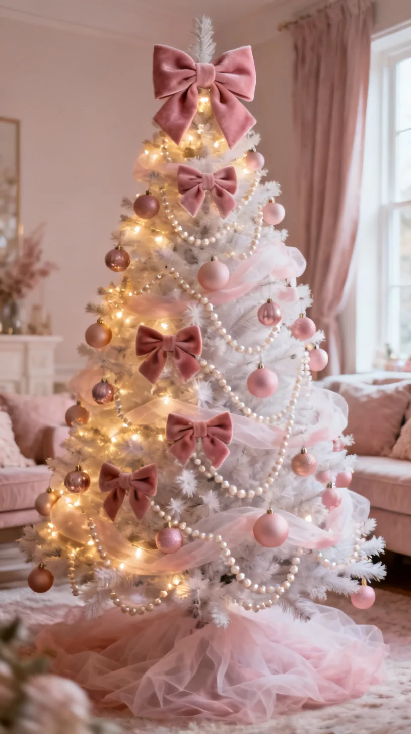 A white Christmas tree in soft blush pink with matte pastel baubles, velvet bows, pearl strands and an oversized pink bow topper in a romantic room