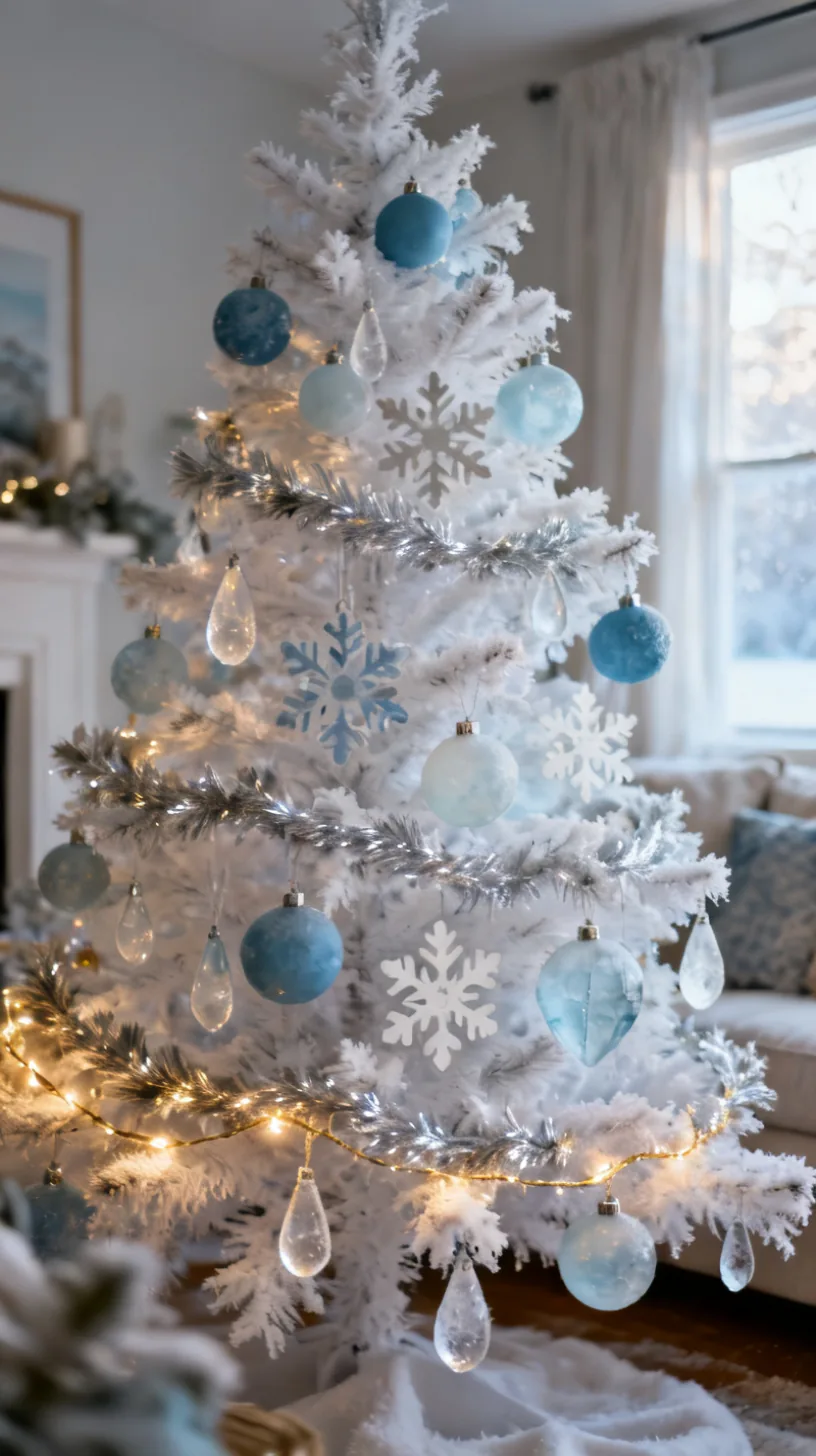 A white Christmas tree in dusty blue with powder blue ornaments, snowflake cutouts, frosted glass drops and silver garland in a serene coastal-winter room