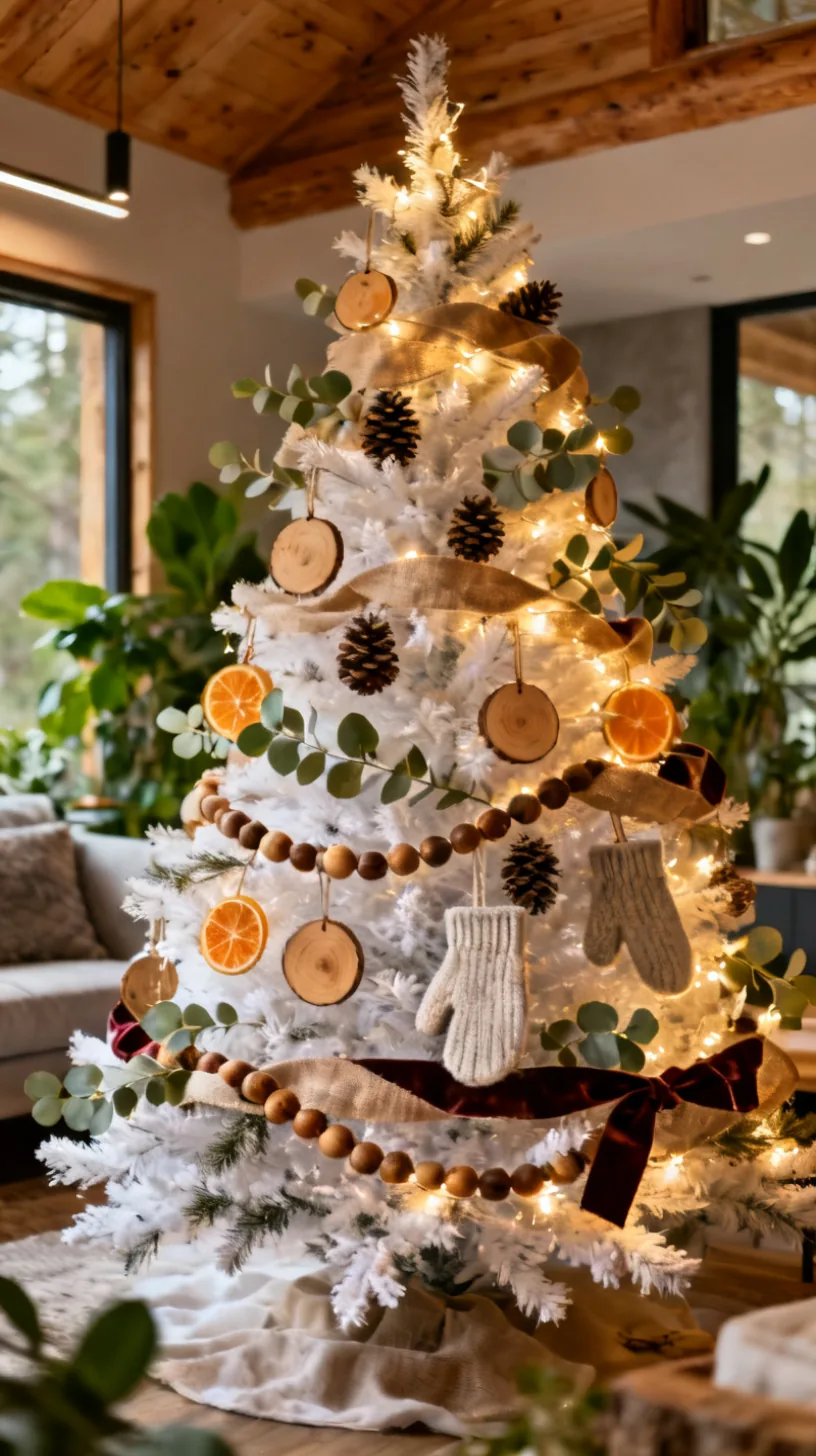A rustic white Christmas tree with wood slice ornaments, pinecones, dried orange slices and knit mittens, eucalyptus garland and burlap ribbon in a cozy cabin