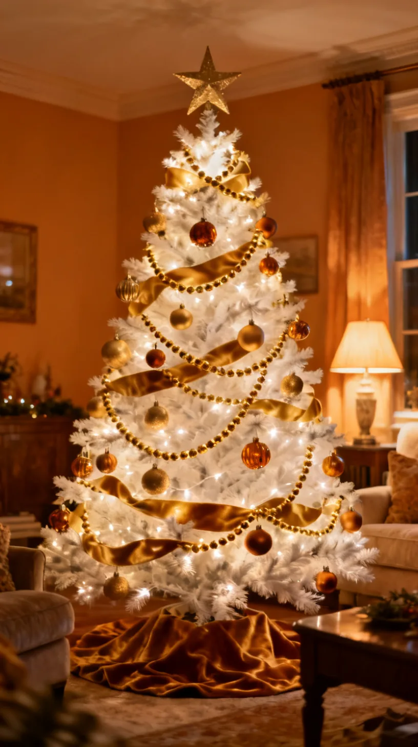 A white Christmas tree in warm gold with brushed gold and amber ornaments, gold bead garland, velvet ribbon and a star topper in an elegant amber-lit room
