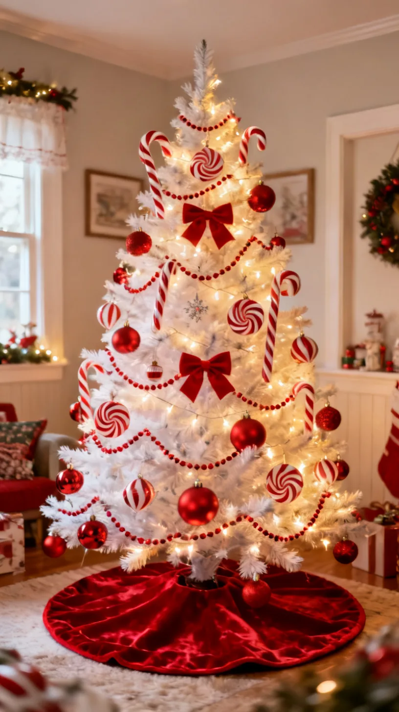 A white Christmas tree in classic red and white with candy canes, peppermint swirl ornaments, red bows and a red velvet skirt in a cheerful festive room