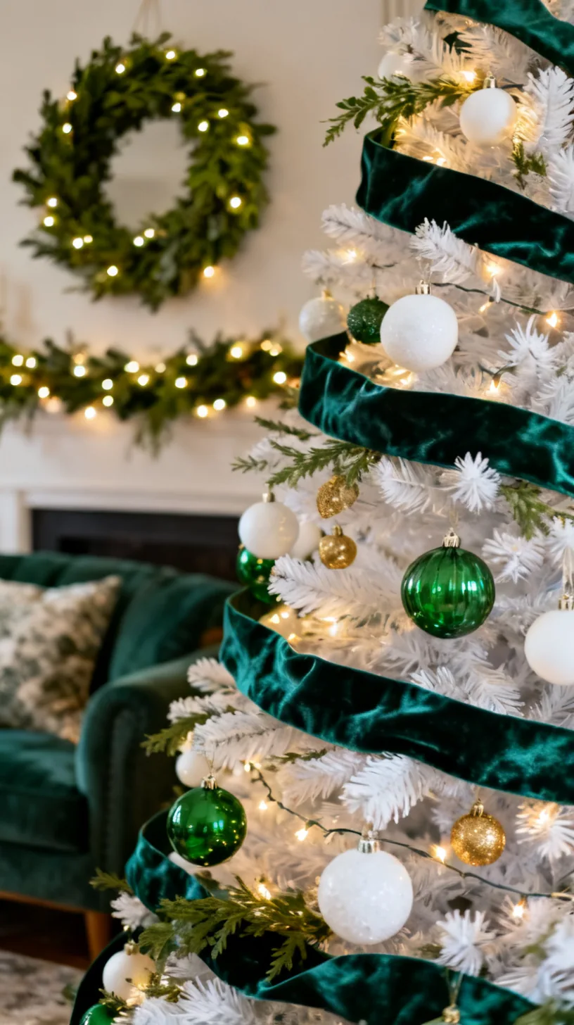 A white Christmas tree with deep emerald velvet ribbon and green glass ornaments mixed with white baubles and gold accents in a rich jewel-tone room