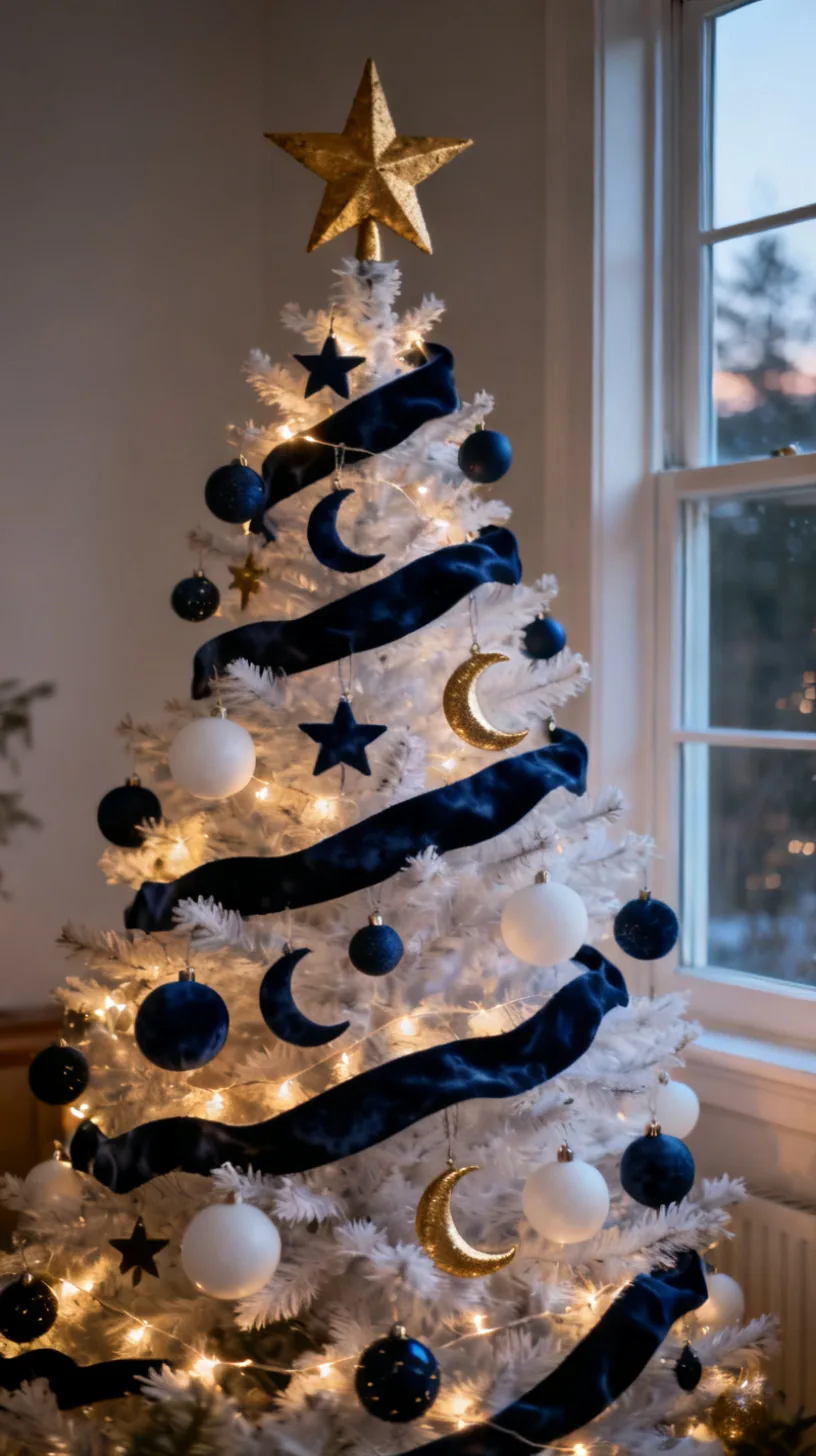 A white Christmas tree in navy and gold with velvet navy balls, celestial star and moon ornaments, matte white spheres and a brushed gold topper in a moody evening room