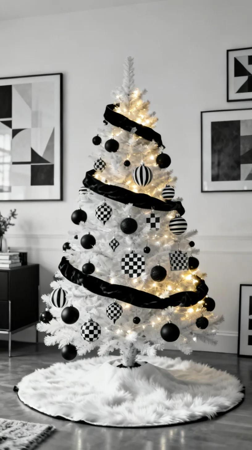 A white Christmas tree in modern monochrome black and white with matte black spheres, striped baubles, black velvet ribbon and a high-pile white skirt in a graphic minimalist room
