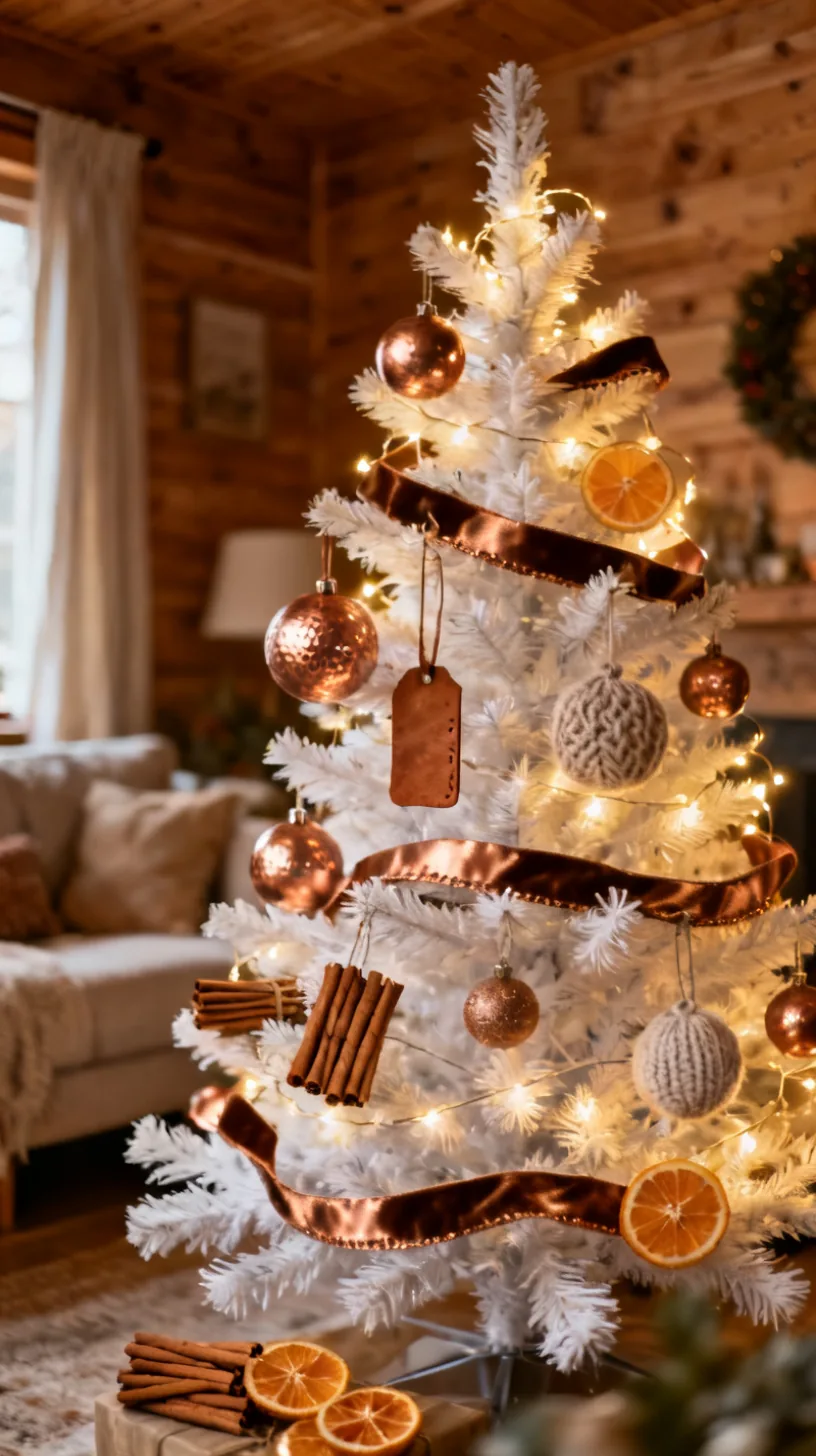 A white Christmas tree in cocoa and copper with hammered copper balls, leather tags, cinnamon bundles and knit ornaments, copper ribbon and dried orange slices in an earthy room