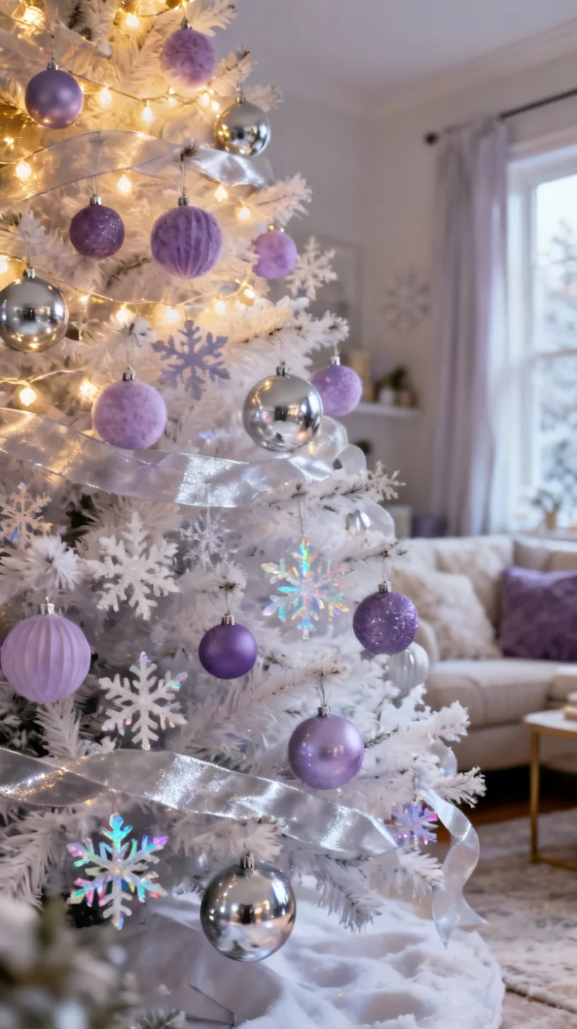 A white Christmas tree in lavender and silver with lilac ornaments, silver mercury glass, iridescent snowflakes and sheer ribbon in a whimsical pastel-cool room