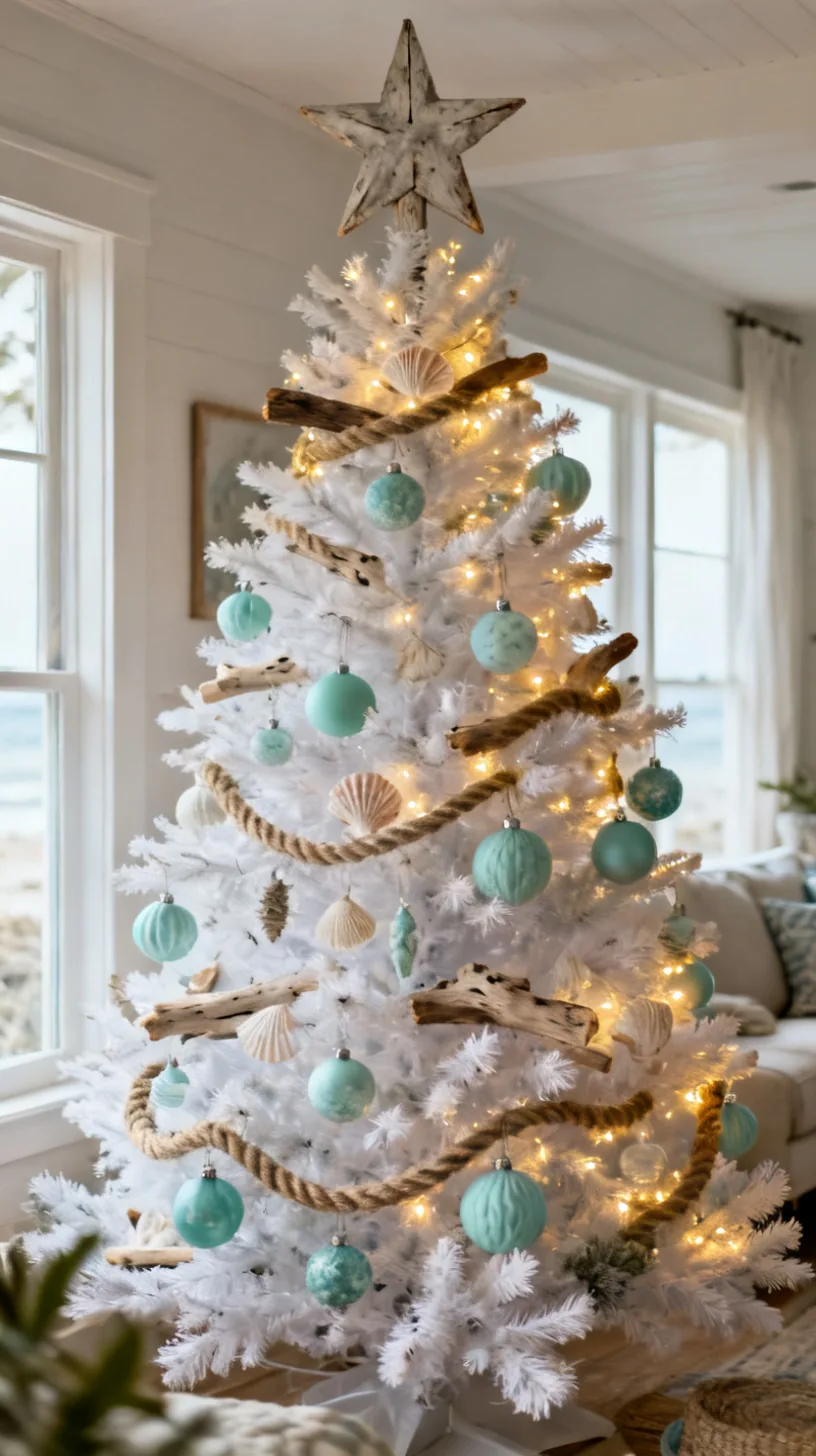 A white Christmas tree in coastal winter with pale aqua and seafoam ornaments, driftwood and shell accents, rope garland and a weathered star topper in a breezy cottage room