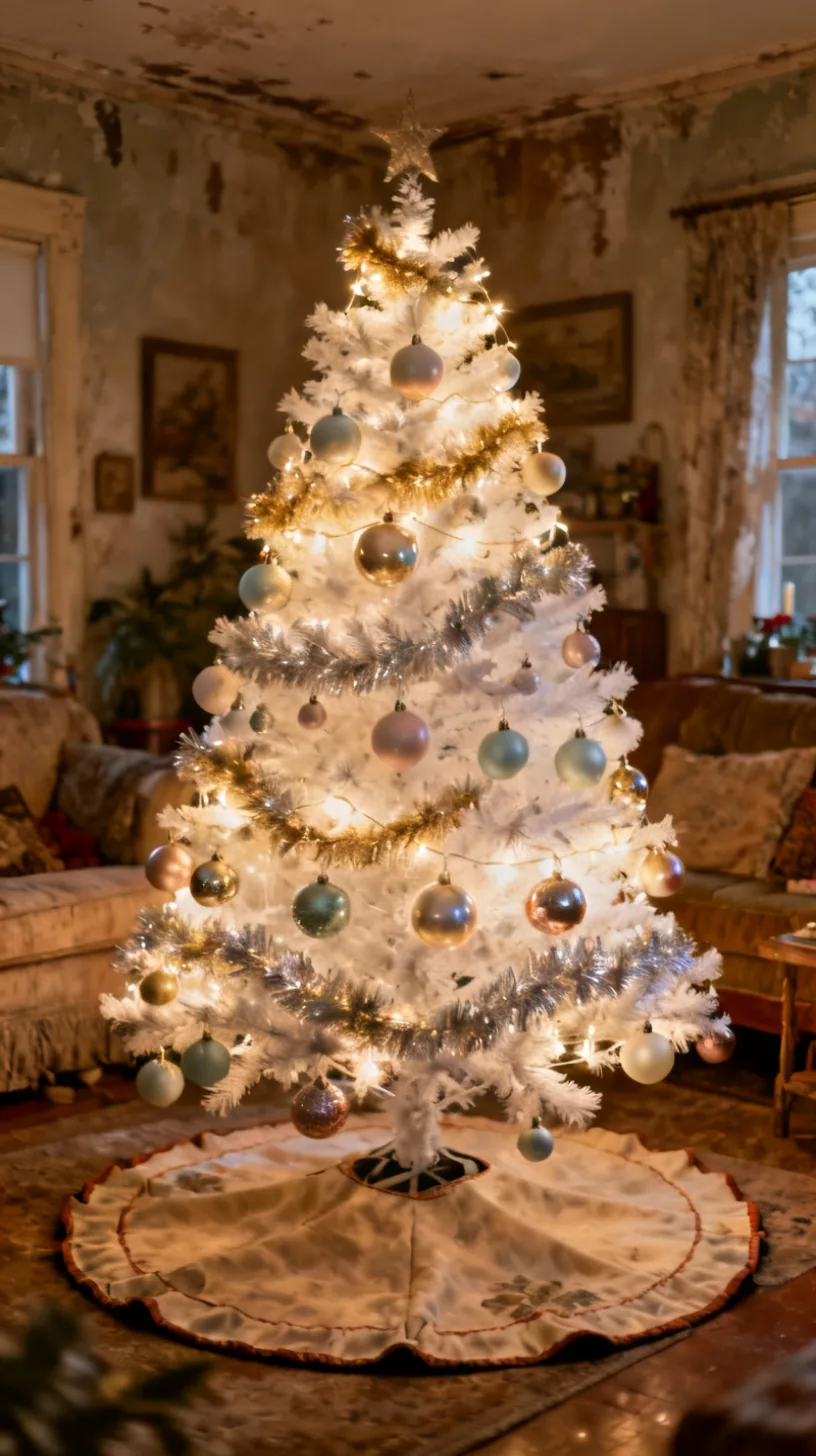 A white Christmas tree in vintage nostalgia with muted mercury glass ornaments, tinsel garland and retro shiny baubles in a warm collected room with old-world charm