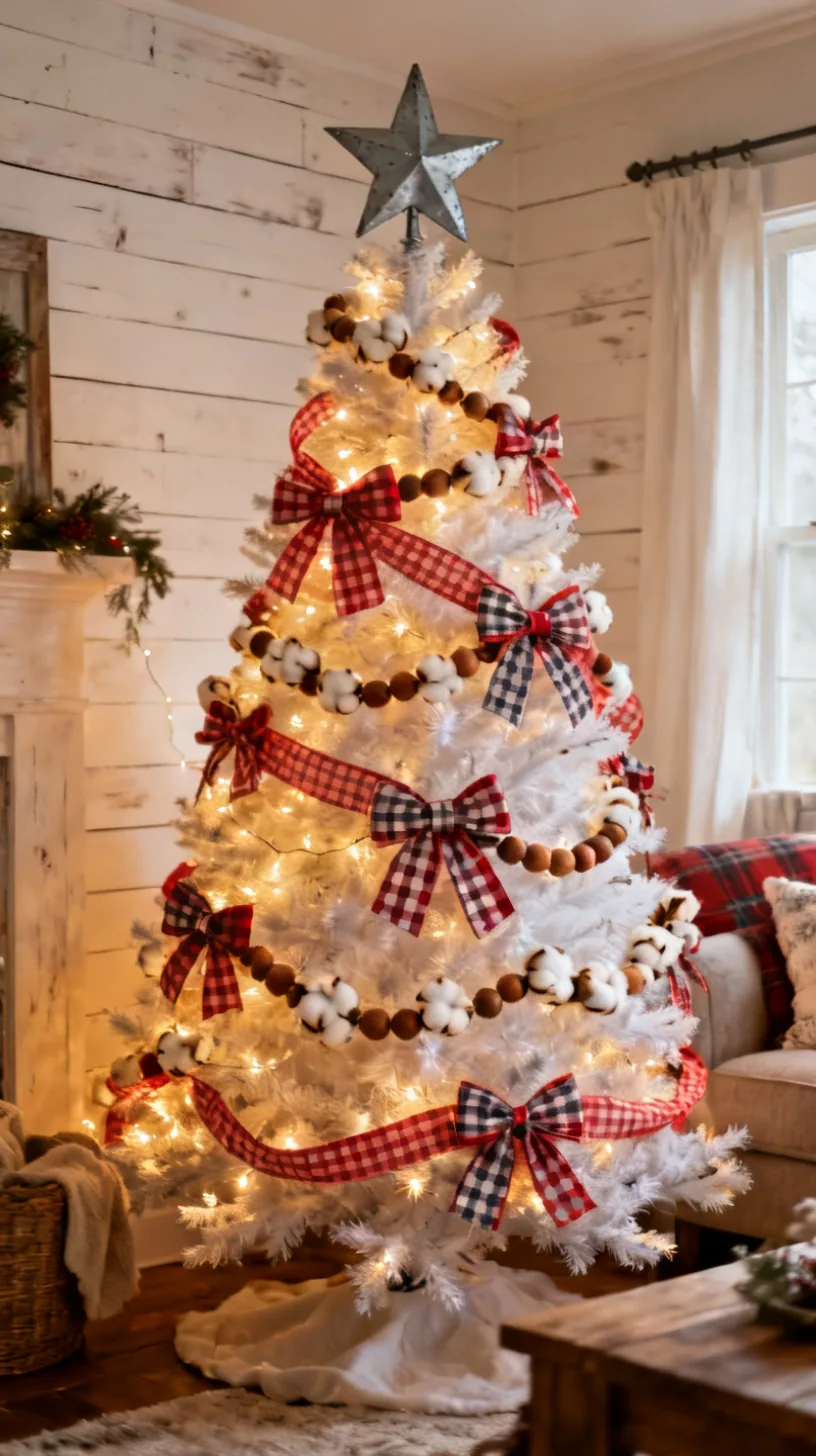 A white Christmas tree in farmhouse style with buffalo check ribbon, plaid bows, wood bead and cotton boll garland and a galvanized star topper in a rustic shiplap room