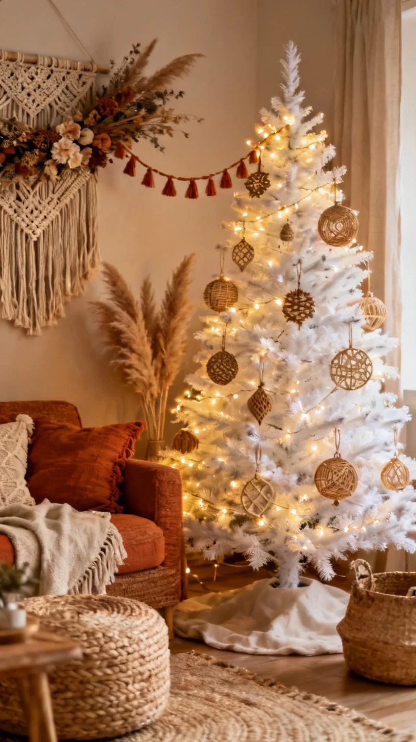 A white Christmas tree in boho neutral with macrame and rattan ornaments, dried florals and pampas accents, terracotta tones and tassel garland in an earthy bohemian room