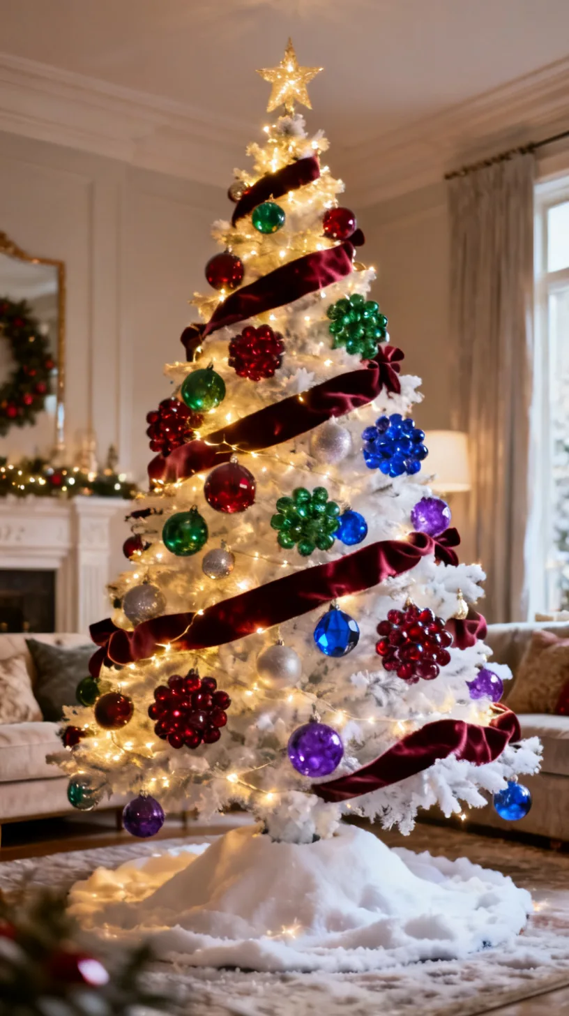 A white Christmas tree in jewel-tone maximalist style with ruby, emerald, sapphire and amethyst glass ornaments in bold clusters and rich velvet ribbon in an opulent room