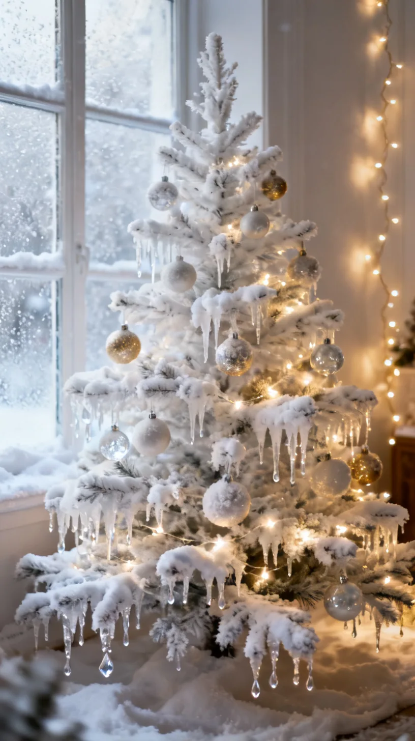 A white Christmas tree in a frosted winter wonderland with flocked branches, faux icicles, snow-dusted picks and crystal glass drops with cool white lights by a frosted window