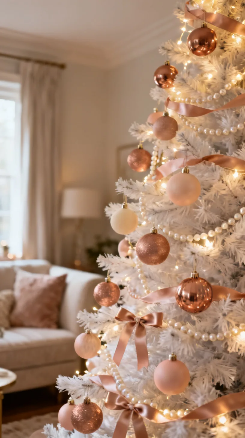 A white Christmas tree in rose gold and cream with rose gold metallic ornaments, blush baubles, pearl ribbon and delicate feminine styling in a soft elegant room
