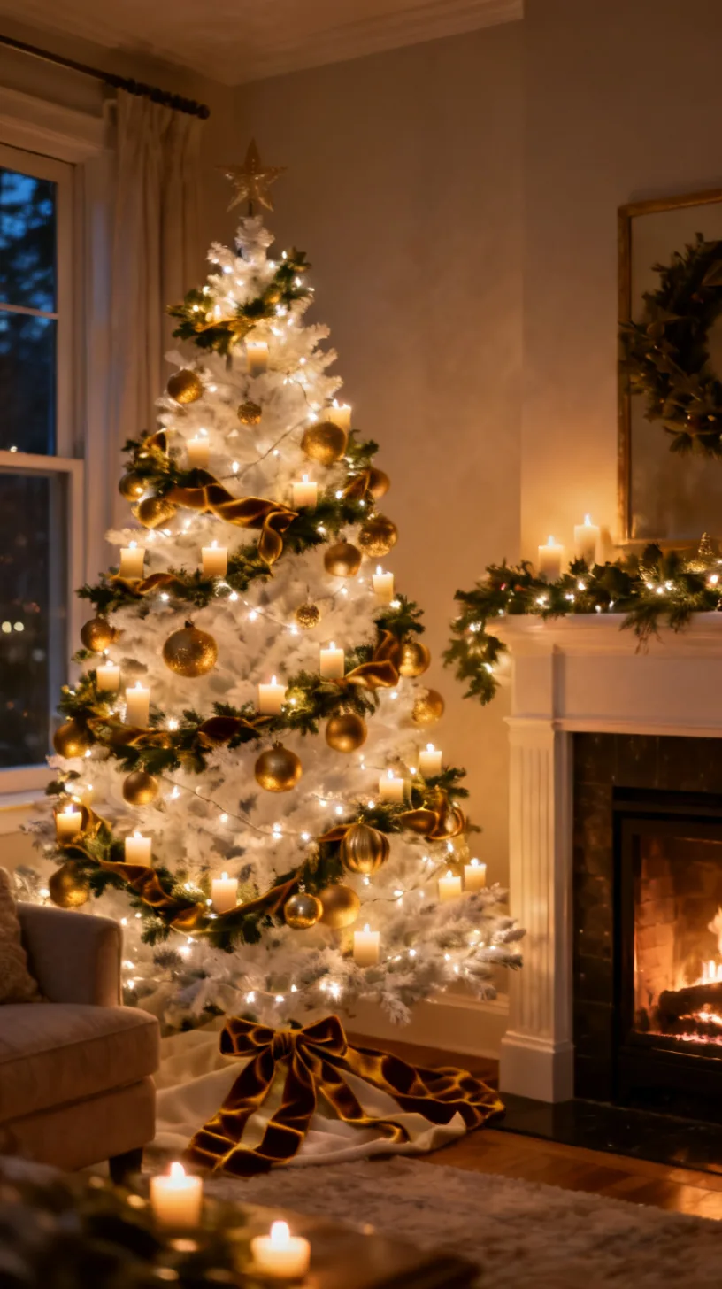 A white Christmas tree in candlelit gold-and-greenery style with warm gold ornaments woven through fresh garland, tiny warm lights and velvet ribbon near a glowing mantel