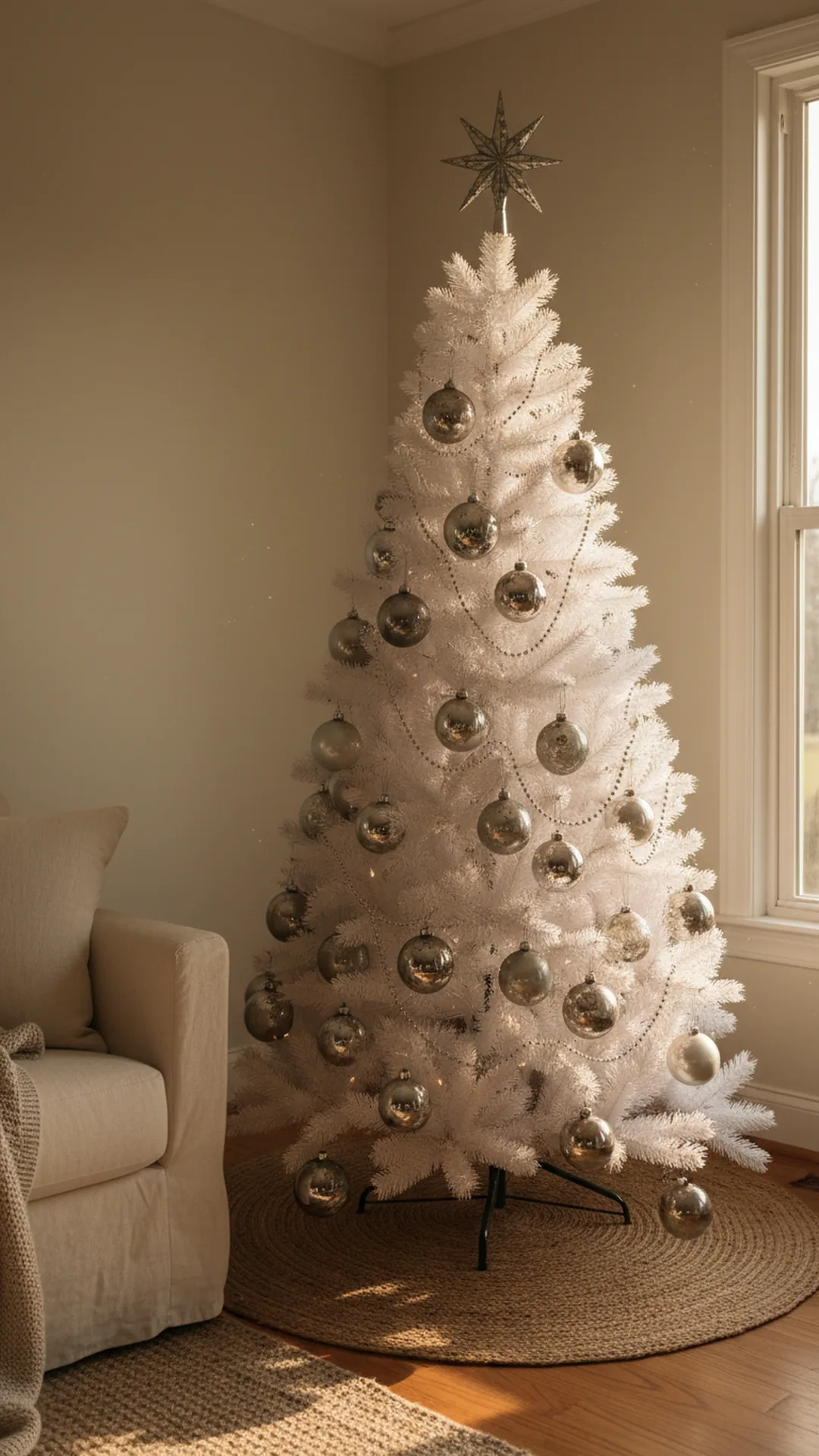 A white Christmas tree styled with antique mercury glass ornaments in tarnished silver and pewter with a thin silver bead garland