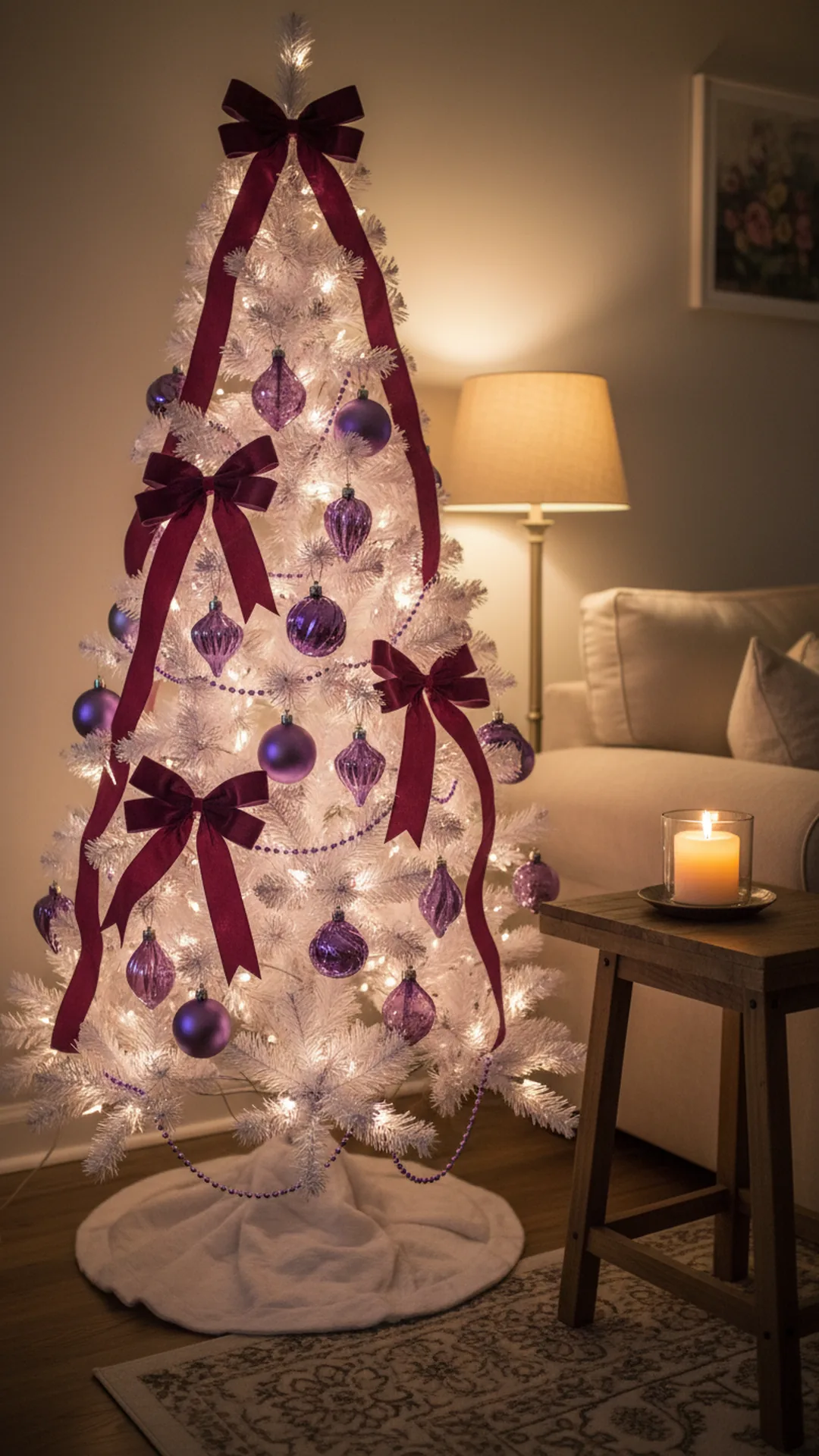 A white Christmas tree decorated in sugarplum purple with plum velvet ribbon, violet glass baubles and a lilac bead garland beside a lit candle