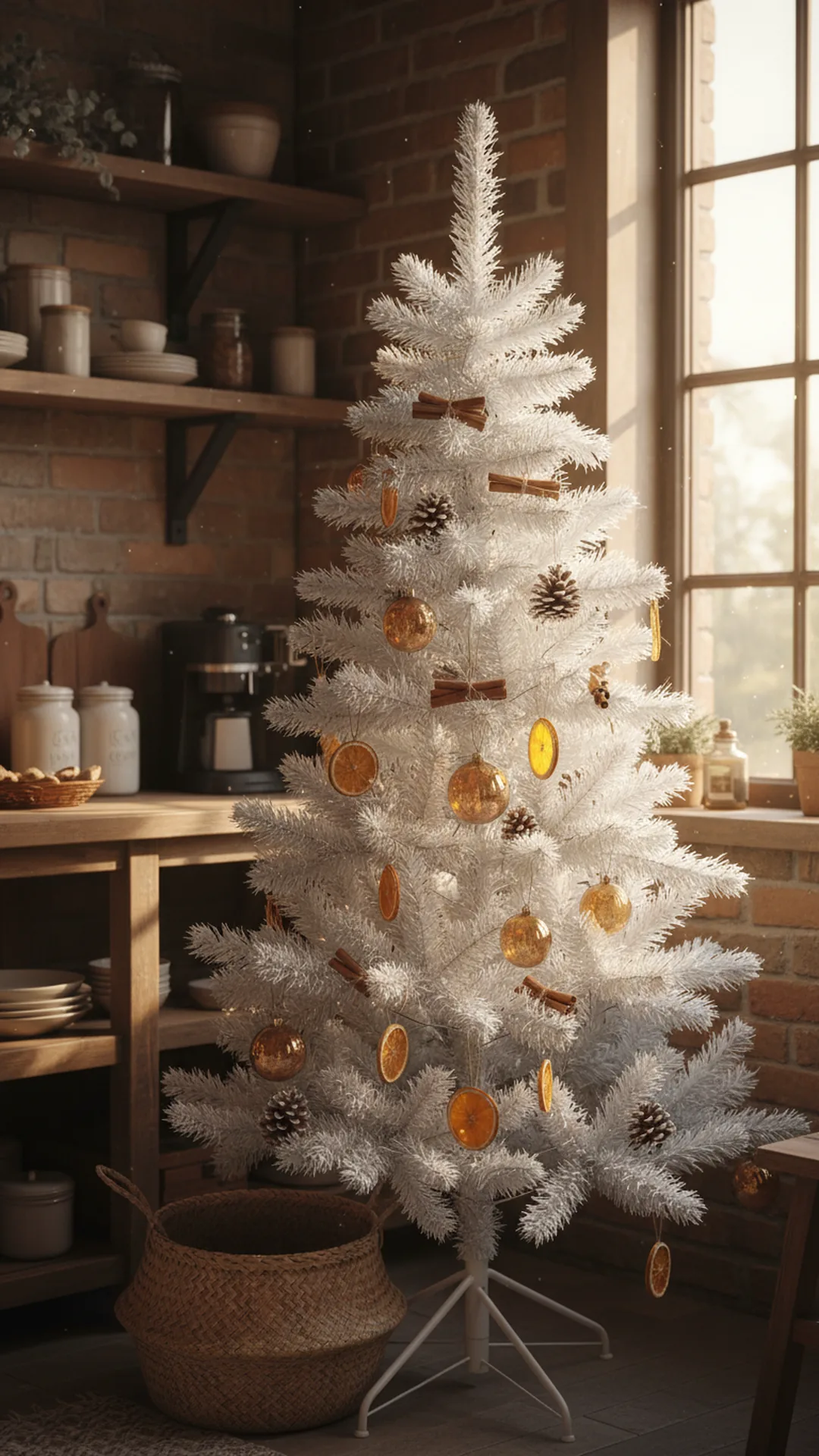 A white Christmas tree in a rustic kitchen corner decorated with dried orange slices, cinnamon stick bundles tied with twine and small pinecones