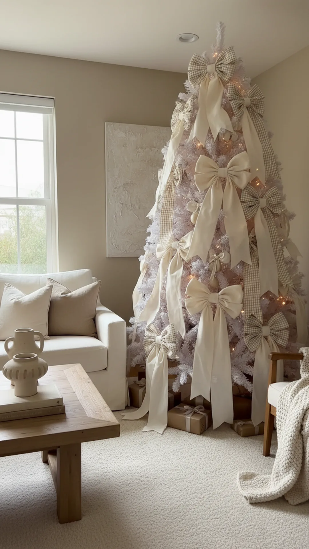 A white Christmas tree covered in oversized cream satin and gingham fabric bows with long ribbon tails hanging from the branches