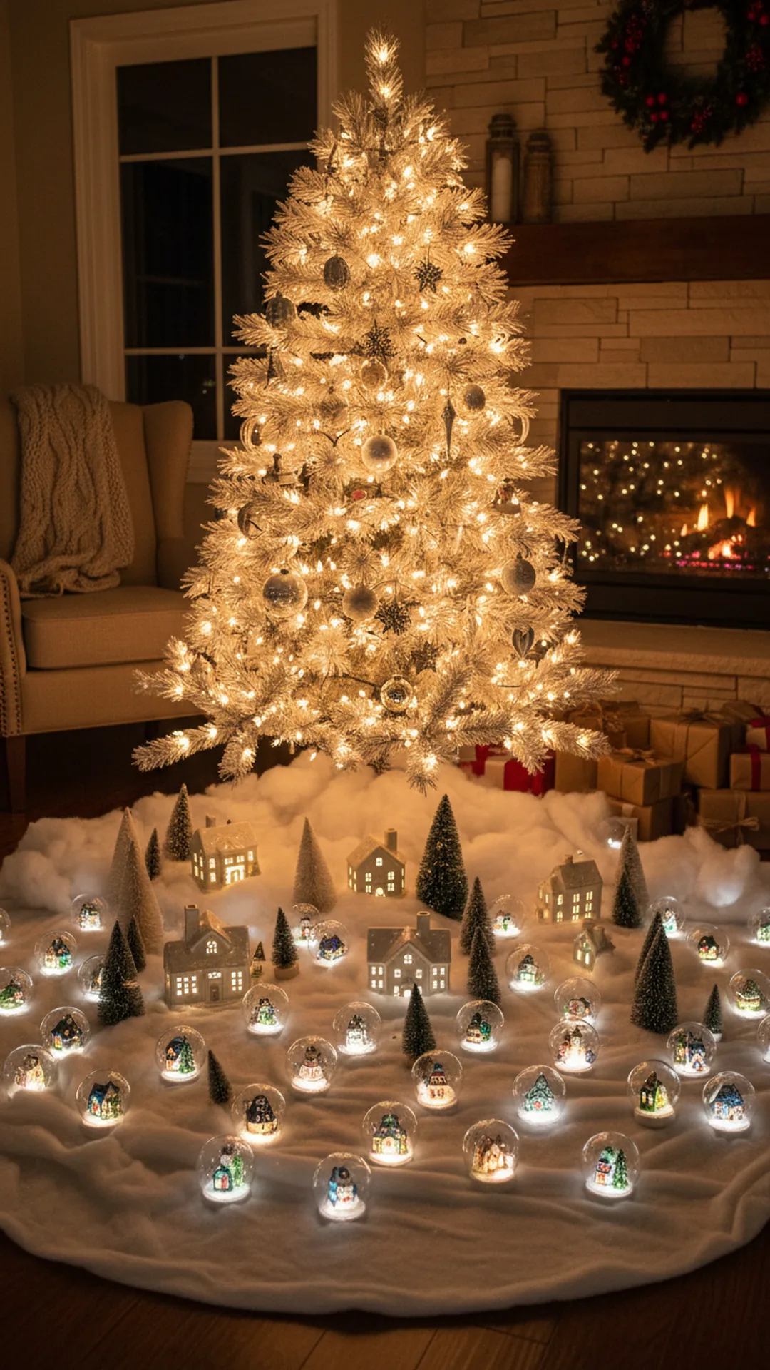A white Christmas tree with a miniature snow globe village of bottle brush trees and tiny ceramic houses displayed on a white blanket underneath