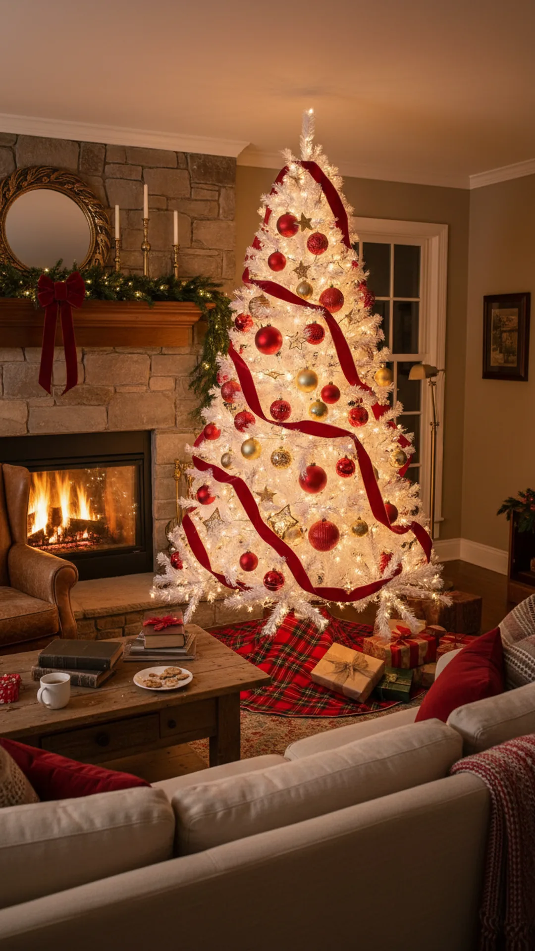 A white Christmas tree with deep red velvet ribbon, classic red glass baubles, gold accents and a red plaid tree skirt near a lit fireplace