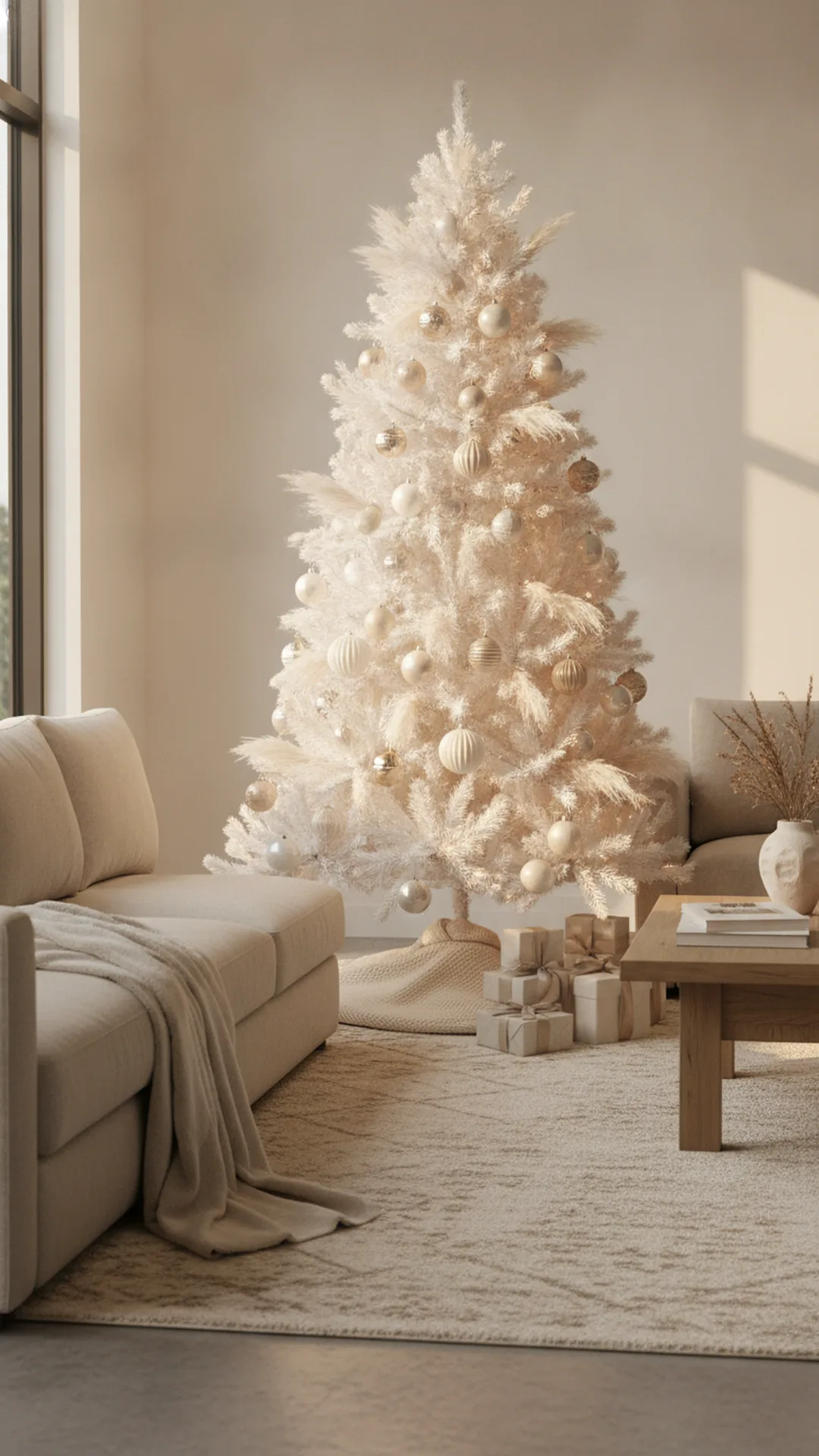 A white Christmas tree styled with soft feathers and pampas grass plumes tucked between the branches with champagne and ivory baubles