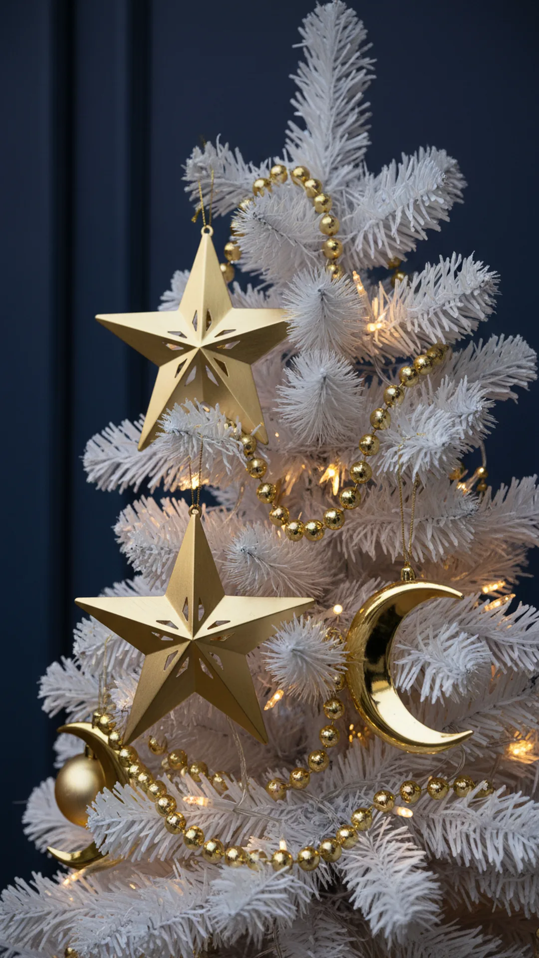Close detail of white Christmas tree branches with large gold star ornaments, crescent moon ornaments and a gold bead garland against a navy wall