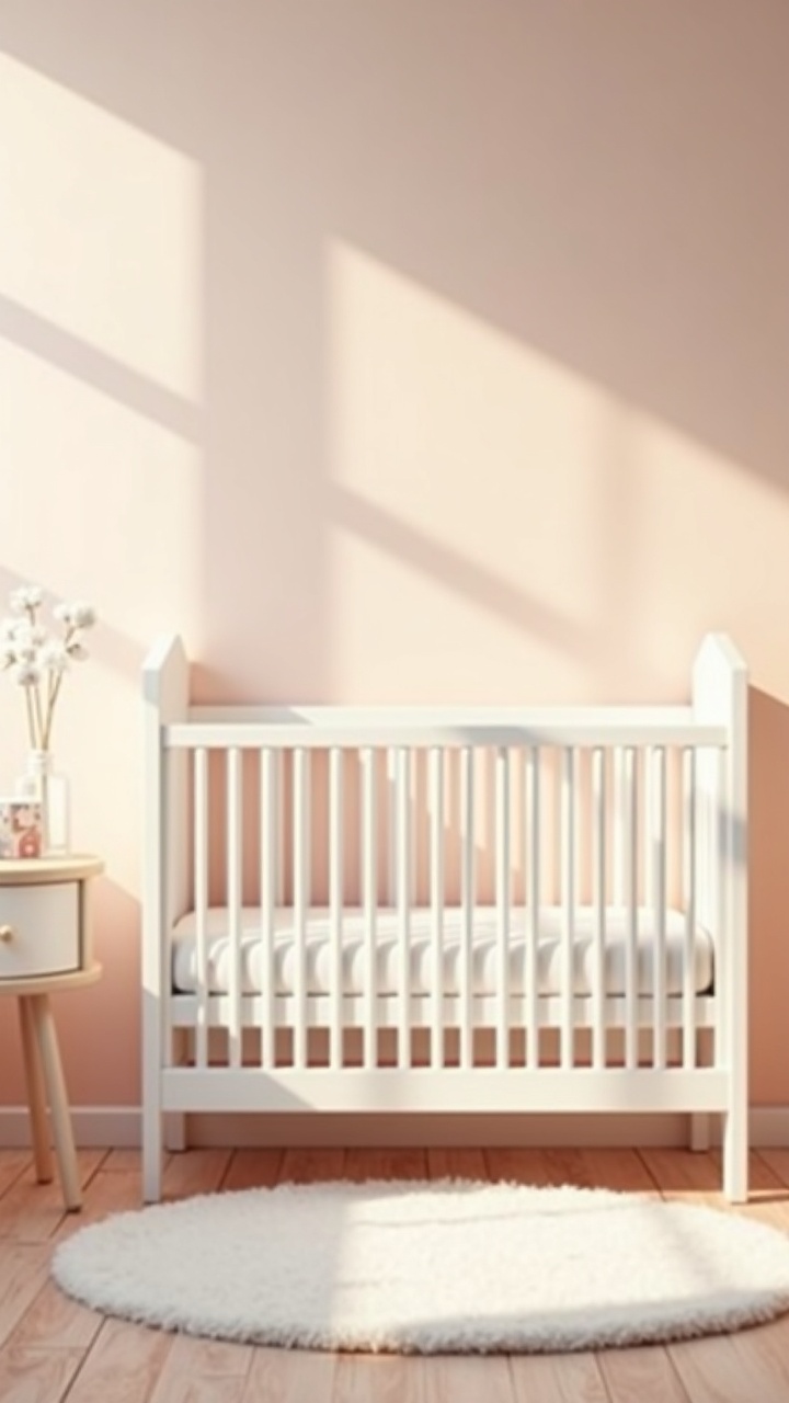 Soft blush and taupe girl nursery with a white crib and gentle morning light