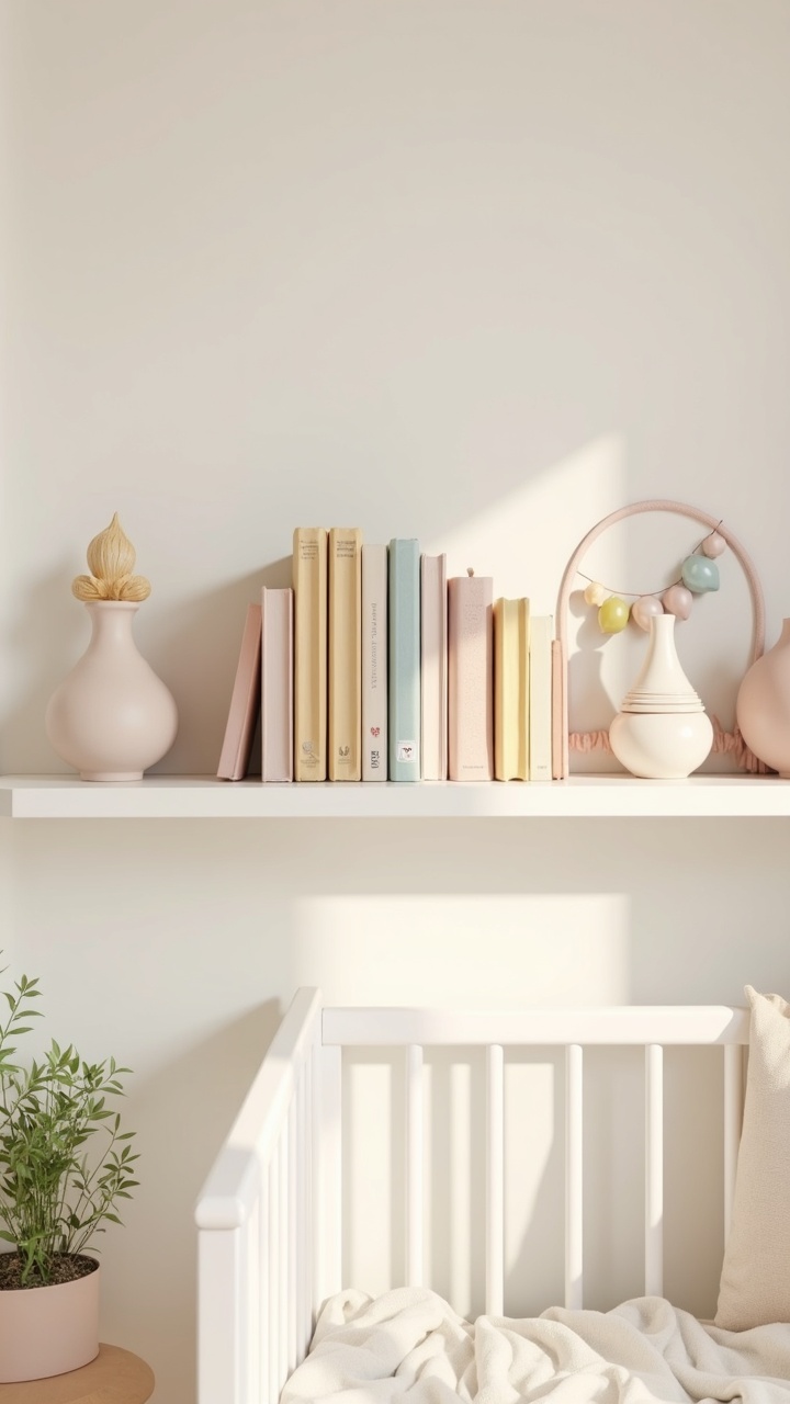 White front-facing book ledge shelf with storybooks in a girl nursery