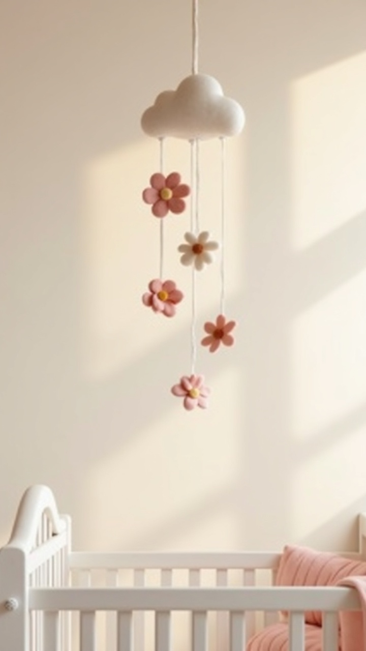 Soft felt flower and cloud mobile hanging above a white crib