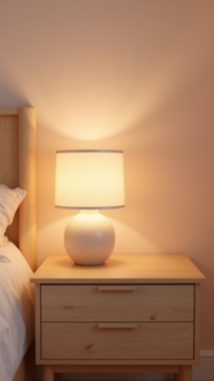 Soft table lamp and warm nightlight glowing gently in a dim girl nursery
