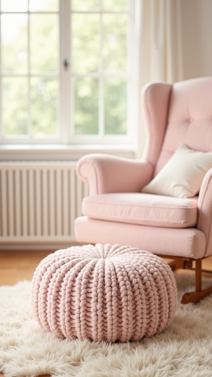 Blush boucle pouf ottoman beside a glider in a soft girl nursery