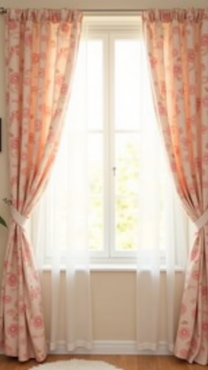 Blush floral curtains with soft light filtering into a girl nursery window