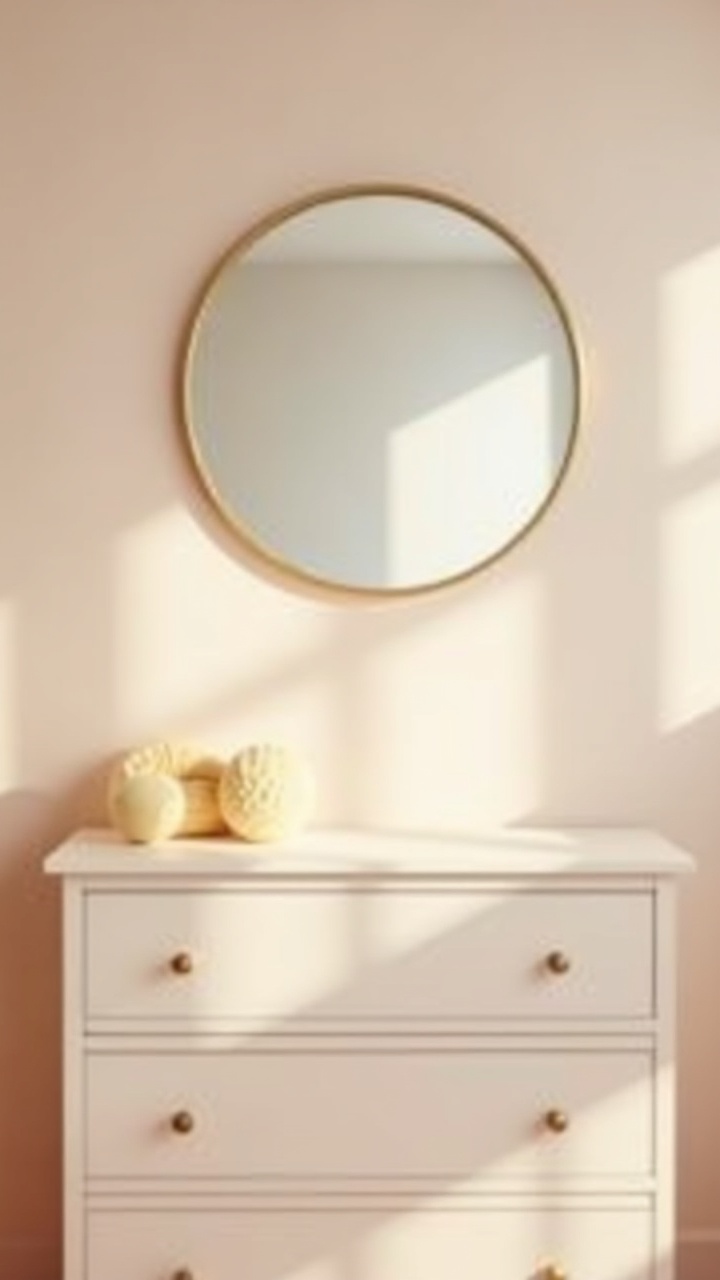 Round gold-framed mirror reflecting soft light above a nursery dresser