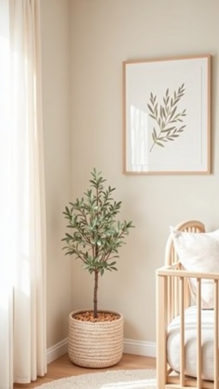Faux olive tree and botanical prints softening a corner of a girl nursery
