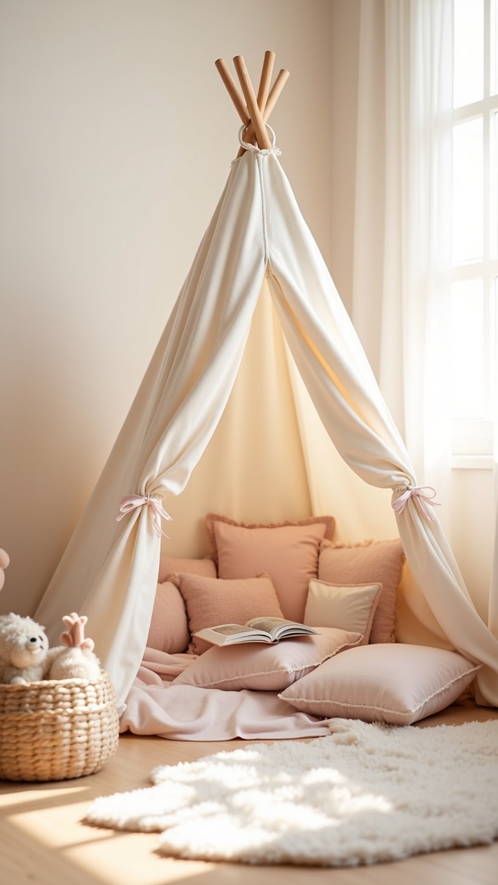 Cozy teepee reading nook with cushions and a book basket in a girl nursery