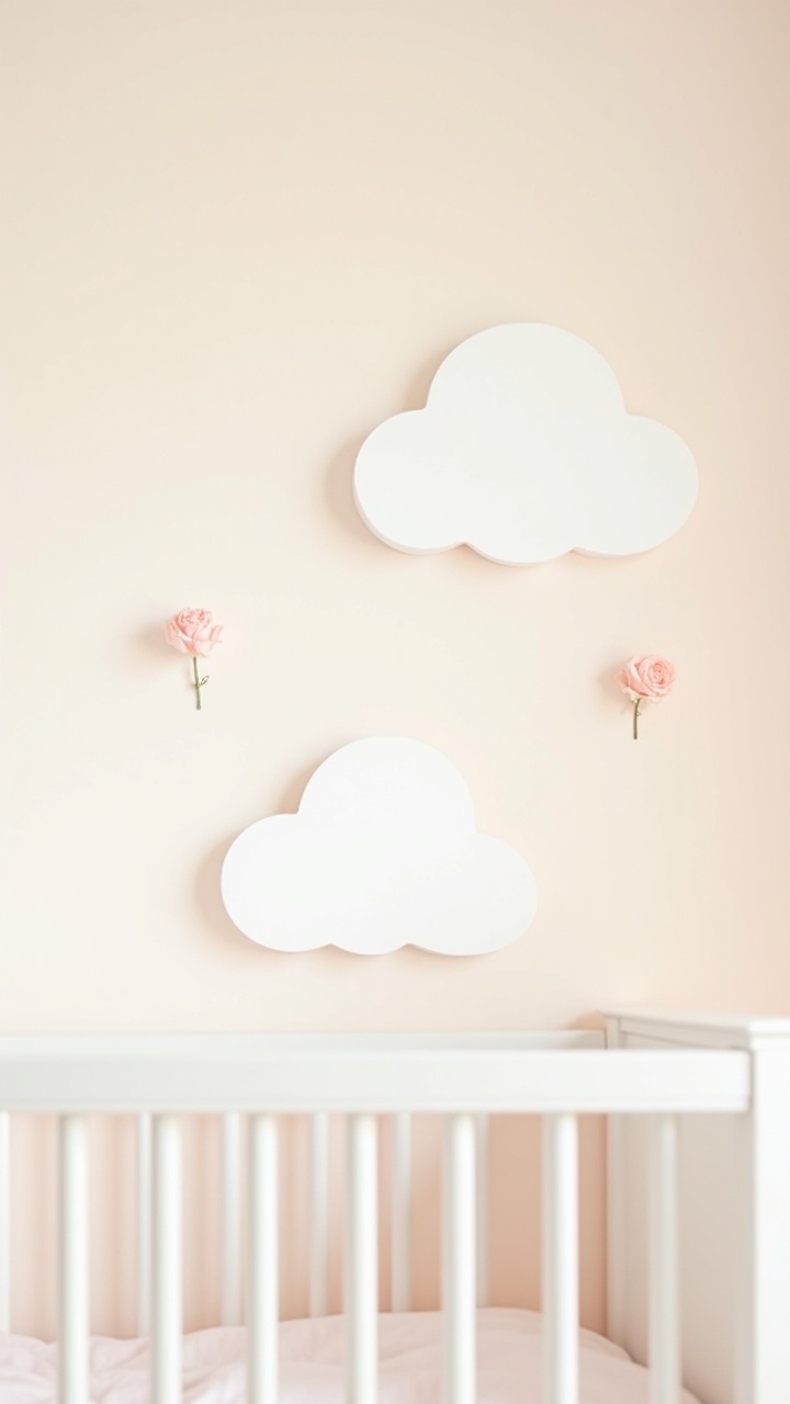 Soft cloud and floral wall decals on a pale nursery wall behind a crib