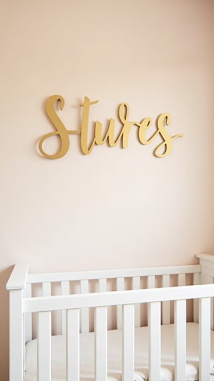 Personalized script name sign in soft gold above a white nursery crib